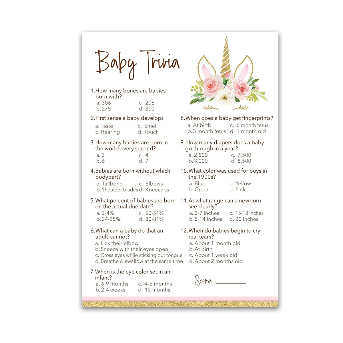 Unicorn Girl Baby Shower Games — Baby Trivia Game — Pack Of 25 — Fun Facts Pink Floral Magical Theme It’S A Girl Couples Shower Activity Sprinkle Sip See G640-Trv
