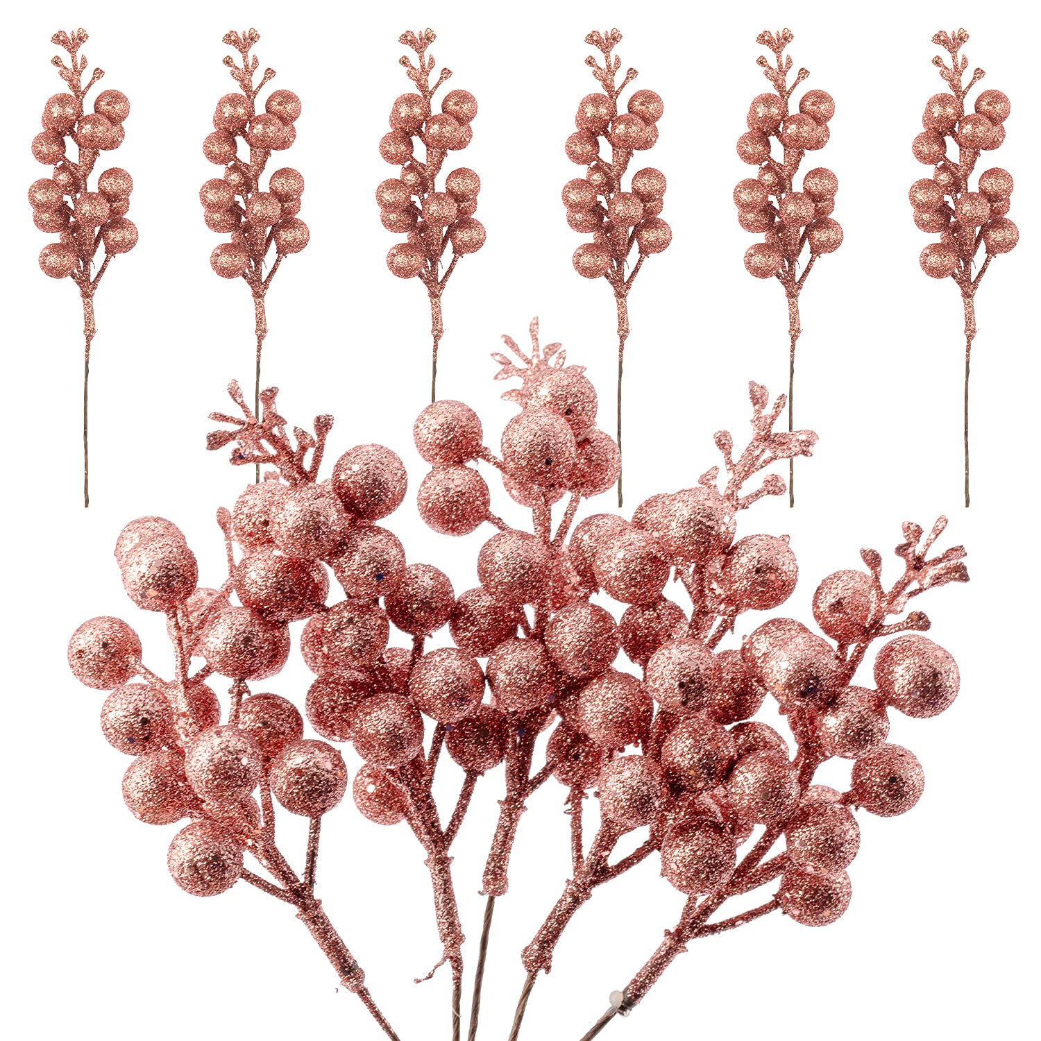 24 Pack Rose Gold Christmas Glitter Berries Stems Artificial Christmas Picks For Christmas Tree Ornaments Wreath, Crafts, Holiday And Home Decor