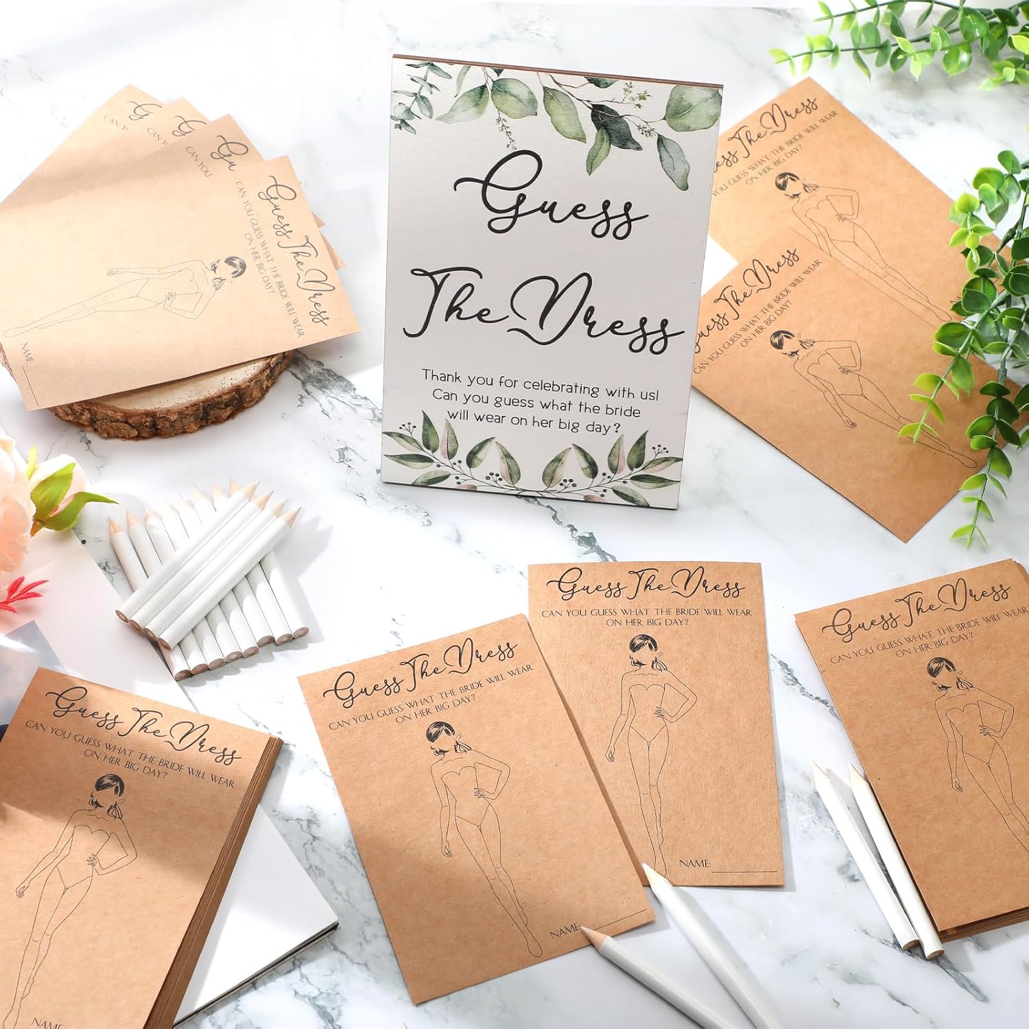50 Sets Guess The Dress Bridal Shower Game Wooden Sign Fun Bridal Shower Games Table Sign 50 Small Guessing Cards 50 Pencils For Guests Wedding Bachelorette Party Supplies(Green Leaves)