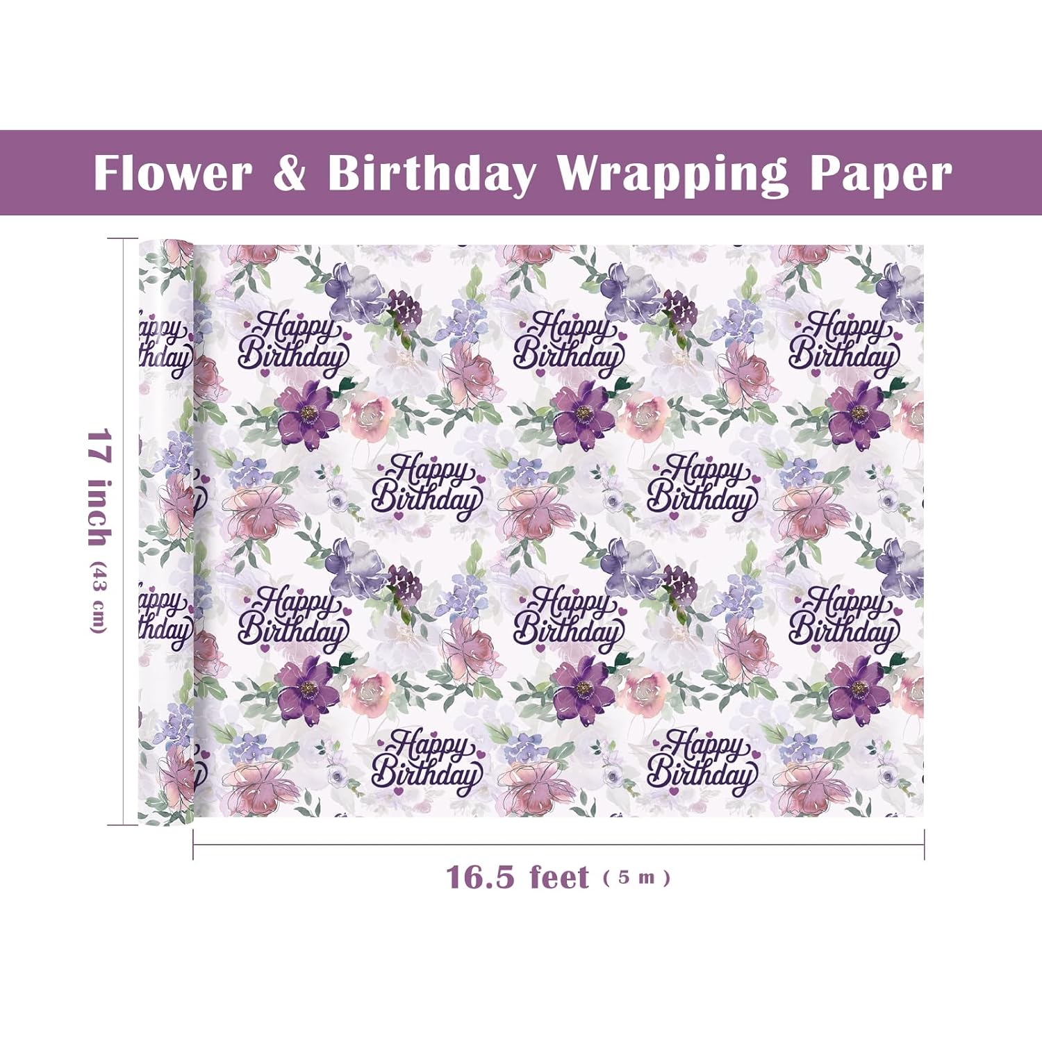 Birthday Wrapping Paper Roll - Mini Roll - 17 Inch X 16.5 Feet - Happy Birthday With Purple Flower Wrapping Paper For Girls Women, Baby Shower, Wedding