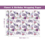 Birthday Wrapping Paper Roll - Mini Roll - 17 Inch X 16.5 Feet - Happy Birthday With Purple Flower Wrapping Paper For Girls Women, Baby Shower, Wedding