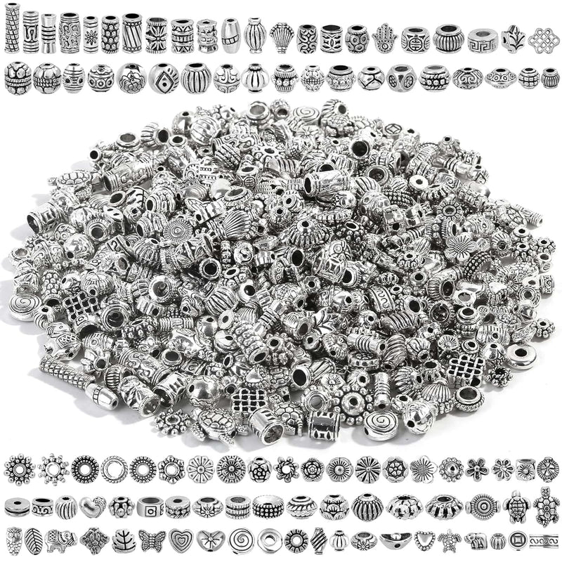 500 Pcs Bracelet Spacer Beads, Silver Bulk Random Styles Loose Spacer Metal Ch