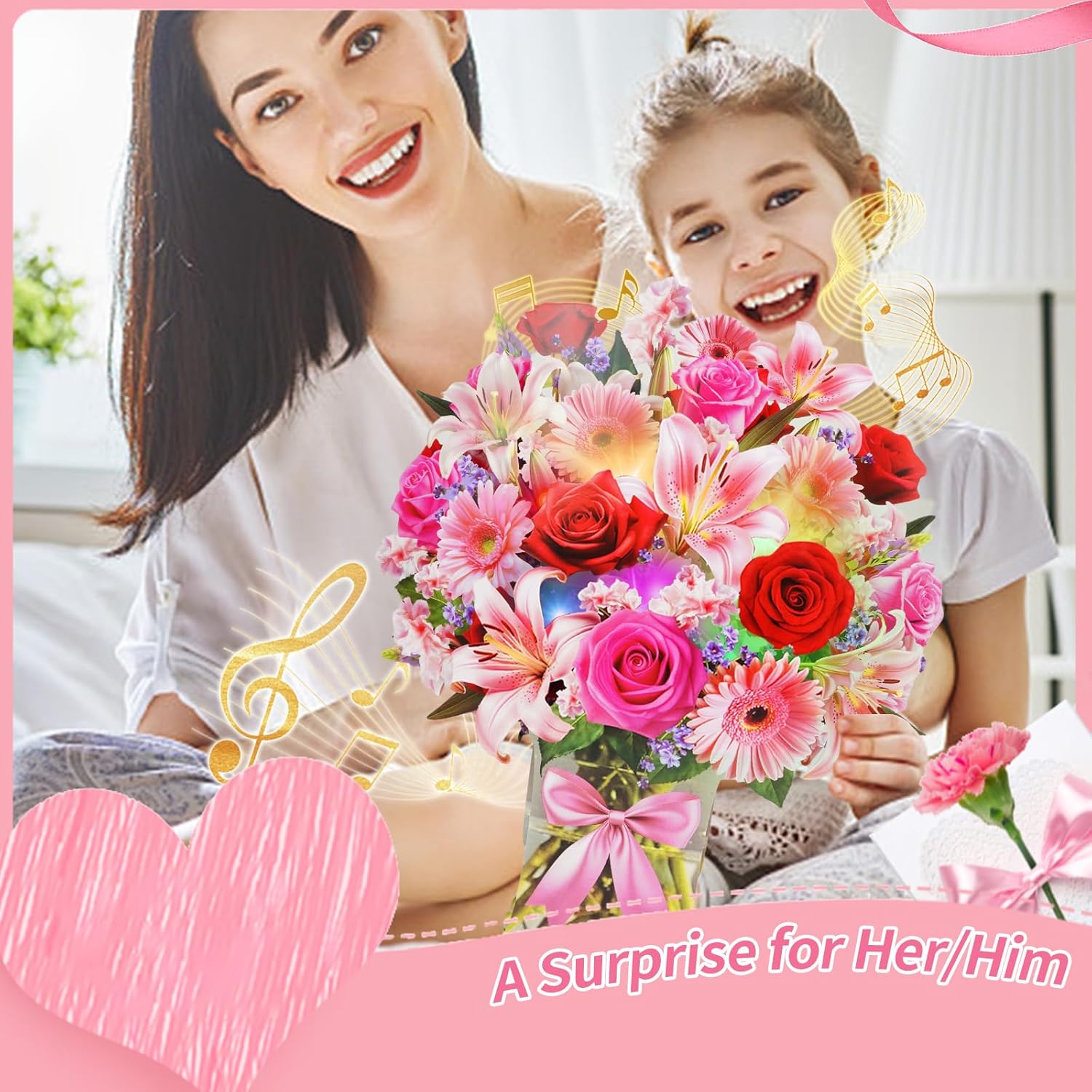 Flower Bouquet Birthday Cards With Music & Lights, Happy Birthday Cards, Lily Daisy Carnations, Anniversary Card, Paper 3D Pop Up Bouquet Greeting Card Gift For Mom Wife Women
