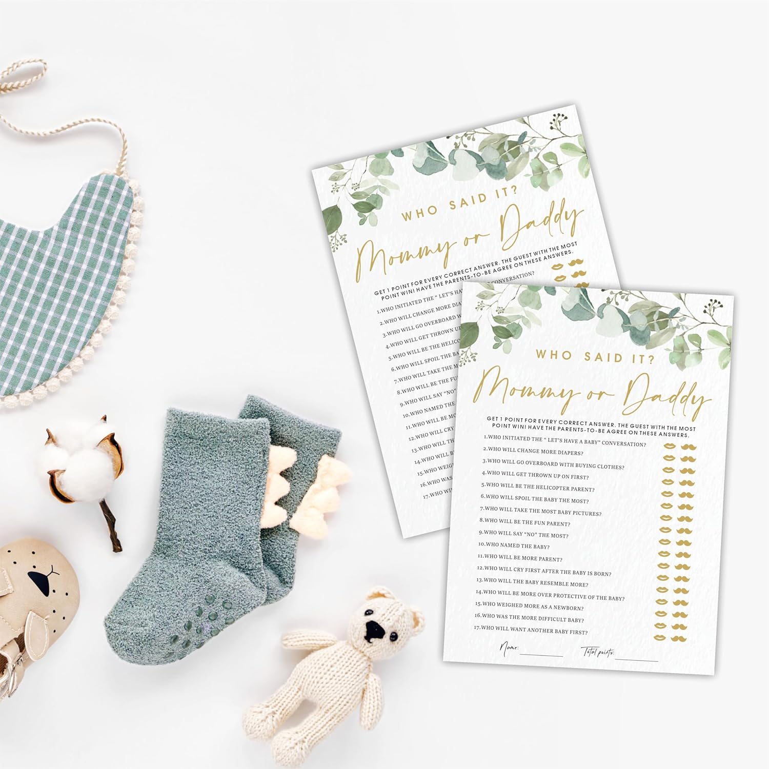 Guess Who Said It Mommy Or Daddy Baby Shower Game Cards - Golden Greenery - 30 Double-Sided Fill In Style Game Cards For Gender Reveal, Baby Announcement, Party Games & Activity - D04