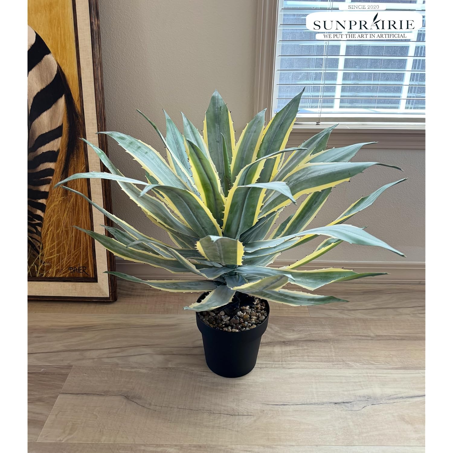 32 Inch Tall Large Faux Agave Plant With Two-Tone Sawtooth Edged Leaves; Planted In Black Pot With Real Stone Pebbles. Large Artificial Plants Indoor And Outdoor.