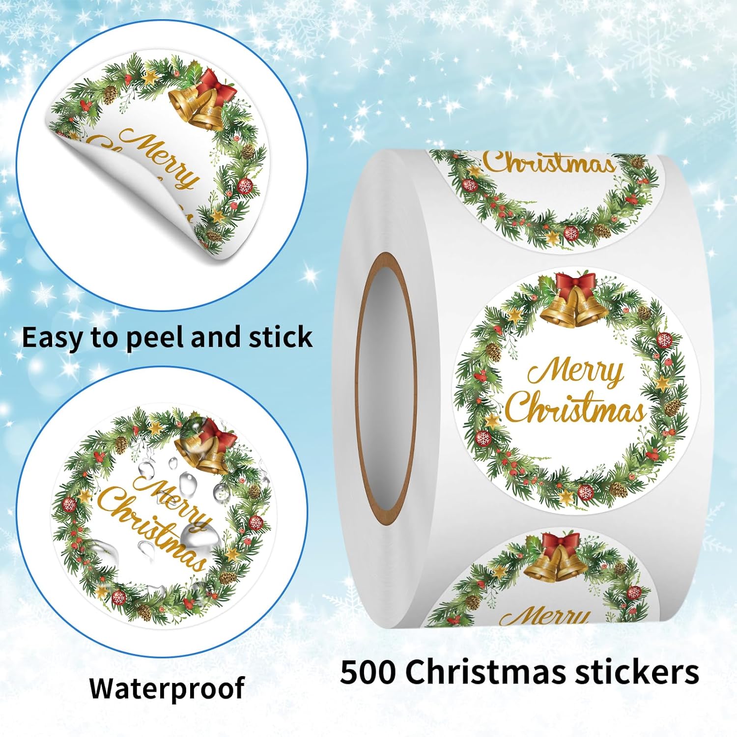 500 Pcs 1.5 Inch Merry Christmas Stickers Christmas Sticker Labels Roll For Envelopes,Gift Packing,Cards,Party Supplies (Christmas Wreath)