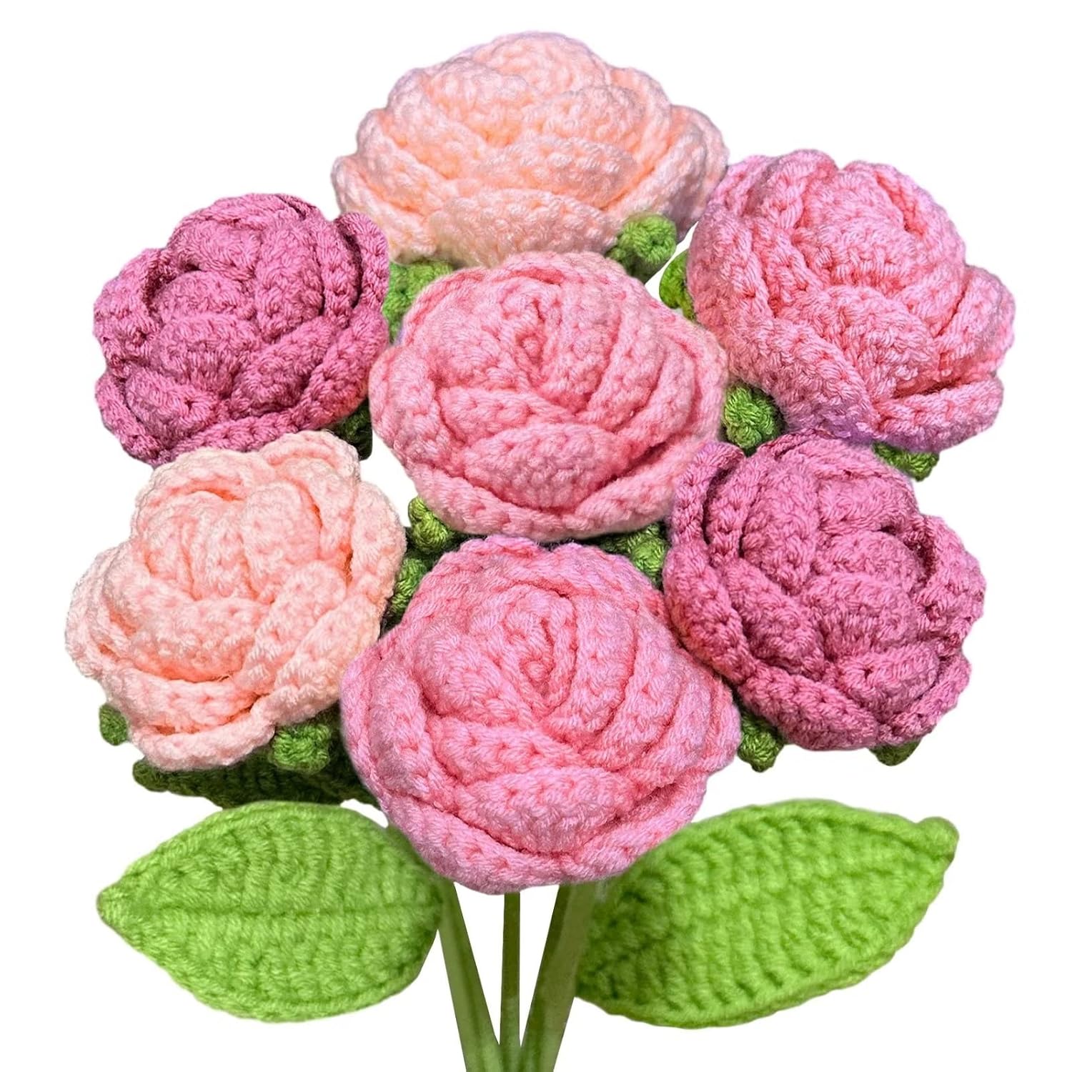 Crochet Rose Flowers, 7Pcs Crochet Flower Bouquet Artificial Pink Rose Bouquet Knitted Flowers Gift For Women Home Office Wedding Table Decor