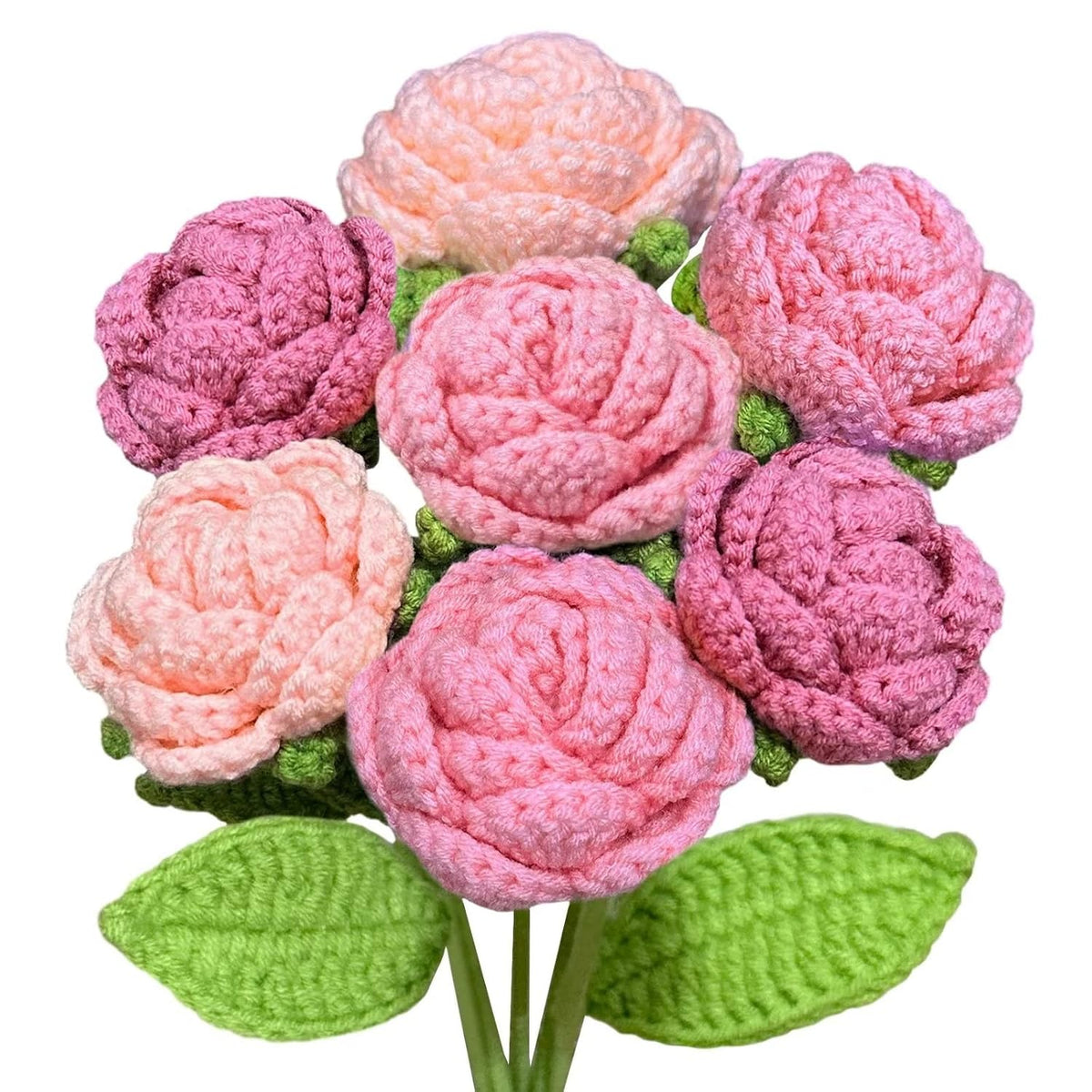 Crochet Rose Flowers, 7Pcs Crochet Flower Bouquet Artificial Pink Rose Bouquet Knitted Flowers Gift For Women Home Office Wedding Table Decor