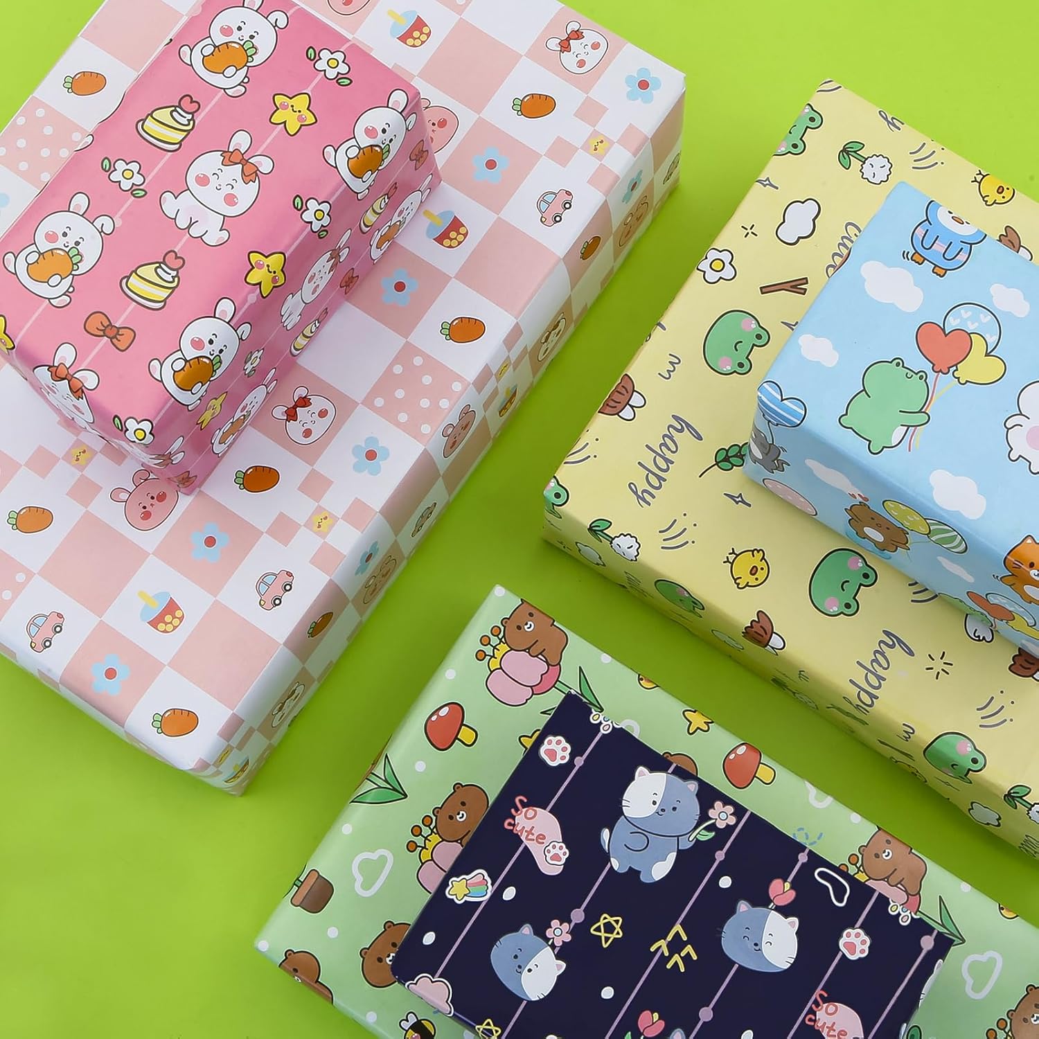 Colorful Animal Gift Wrapping Paper, 6 Folded Sheets Birthday Wrapping Paper Cute Frog Rabbit Bear Cat Gift Wrap Paper 20X28 Inch For Baby Girl Boy Kid Baby Shower Children'S Day Christmas Party
