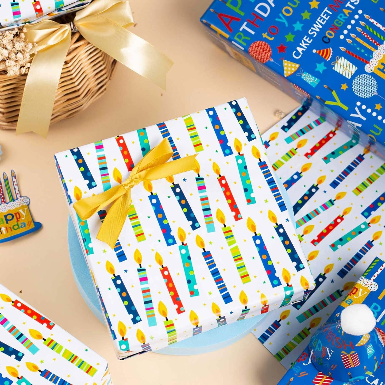 Blue Birthday Wrapping Paper Roll - Happy Birthday Lettering & Colorful Candles, Reversible Design For Boy Baby Shower, Party - Mini Roll - 17 Inch X 33 Feet