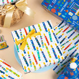 Blue Birthday Wrapping Paper Roll - Happy Birthday Lettering & Colorful Candles, Reversible Design For Boy Baby Shower, Party - Mini Roll - 17 Inch X 33 Feet
