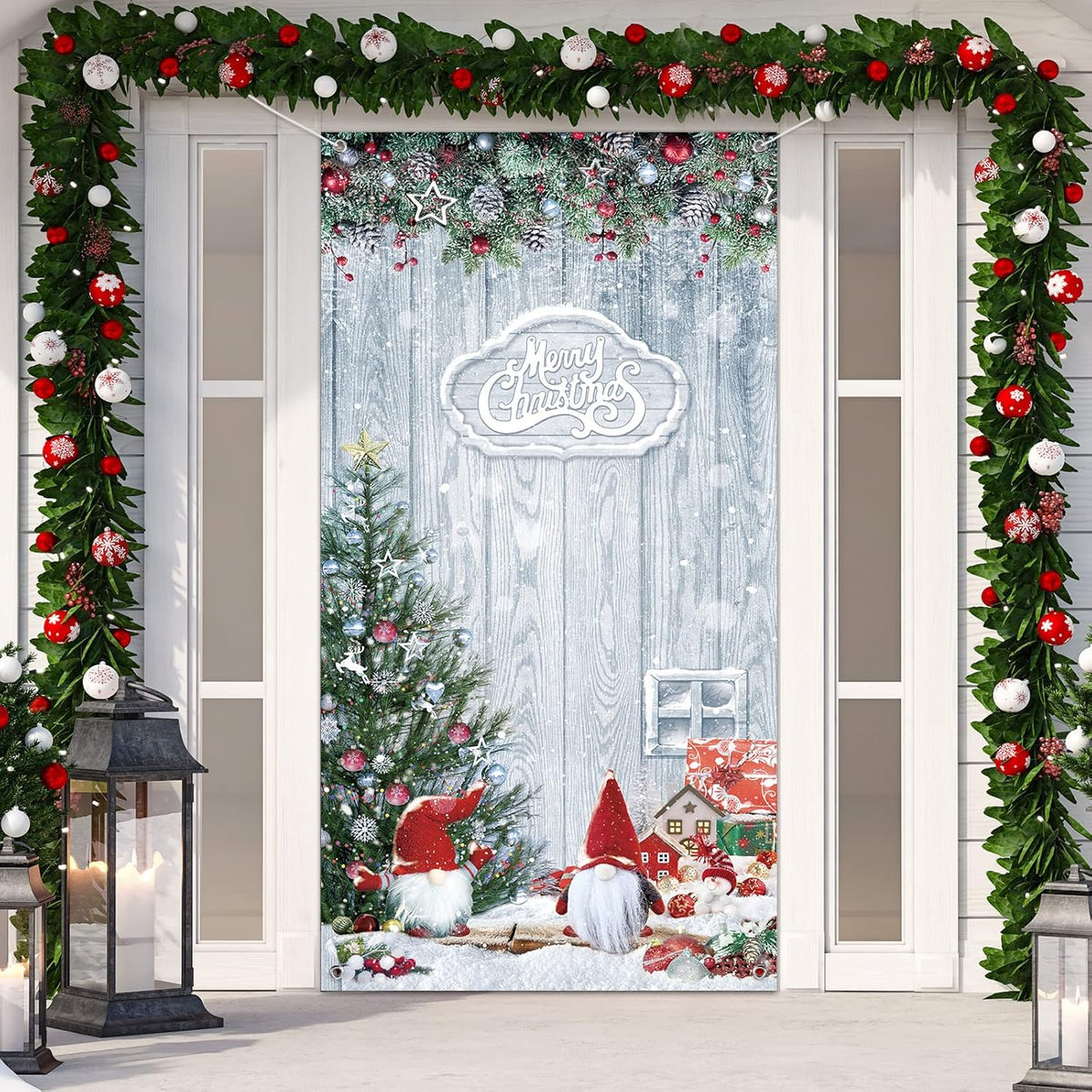 Christmas Gnome Door Cover Decorations Merry Christmas Front Door Cover Winter Snowflake Backdrop Wood Door Banner Photo Booth Props For Christmas Party Decorations