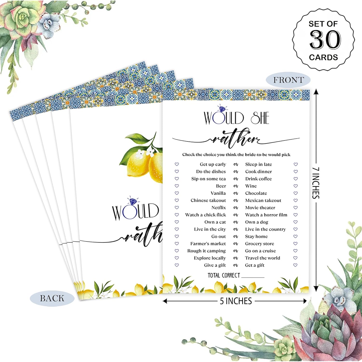 Blue Tiles And Lemons Would She Rather Game For 30 Guests With Game Cards, Lemons Bridal Shower Game, Modern Bridal Shower Decorations, Wedding Shower Or Bachelorette Party Supplies - 02