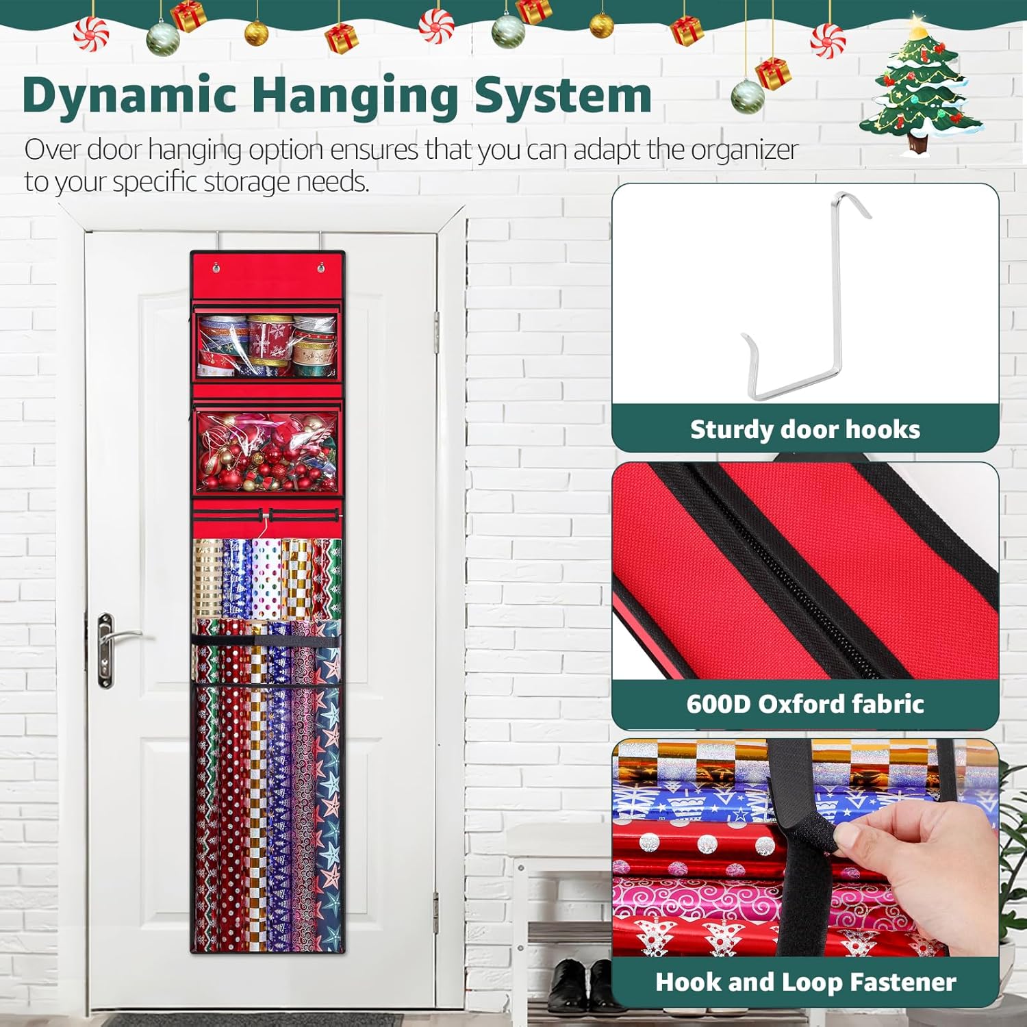 Wrapping Paper Organizer Storage, Double-Sided Hanging Gift Wrap Roll Holder For Christmas, 63"X13" Over Door Present Bag Container For Room Closet, Red Wrapper Station For Birthday
