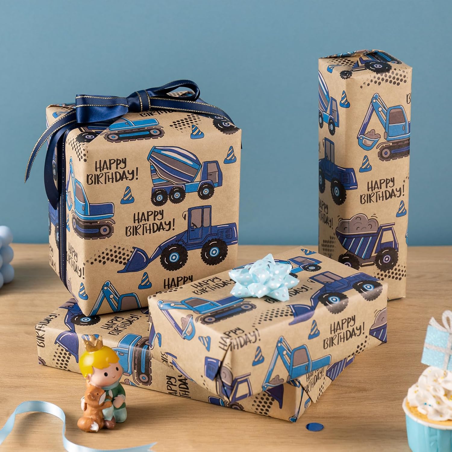 Kids Wrapping Paper Roll, Mini Roll, Blue Truck And Happy Birthday Text Design Kraft Wrap Paper Great For Kids Boys Birthday, Truck Party And More - 17 Inches X 16.4 Feet