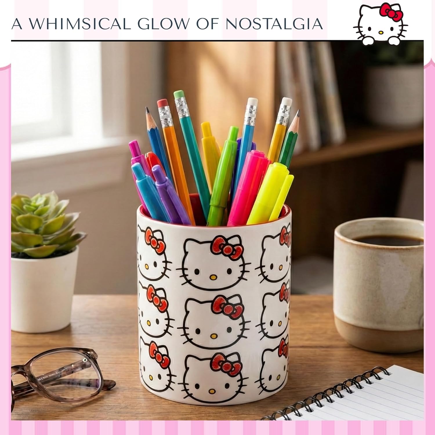 Blue Sky Clayworks Hello Kitty Face Pattern Red Ceramic Candle, Vanilla Cupcake Scent, 3.5" L x 3.5" W x 4" H, Bow Parade Glow