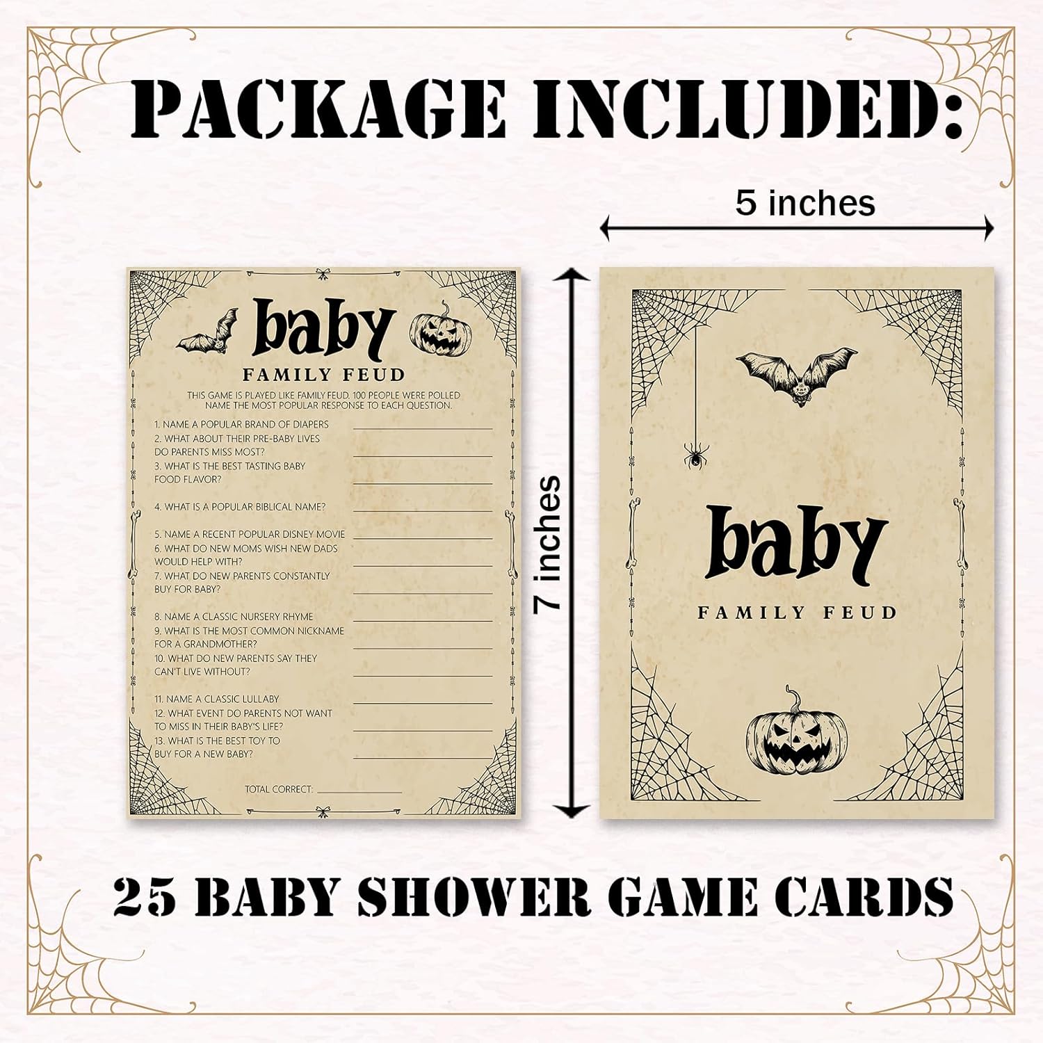 Hilarious Baby Shower Games, 25 Sets Halloween Baby Family Feud Game Cards, Spooky Pumpkin Gender Reveal Announcement Party Decorations Supplies - A08