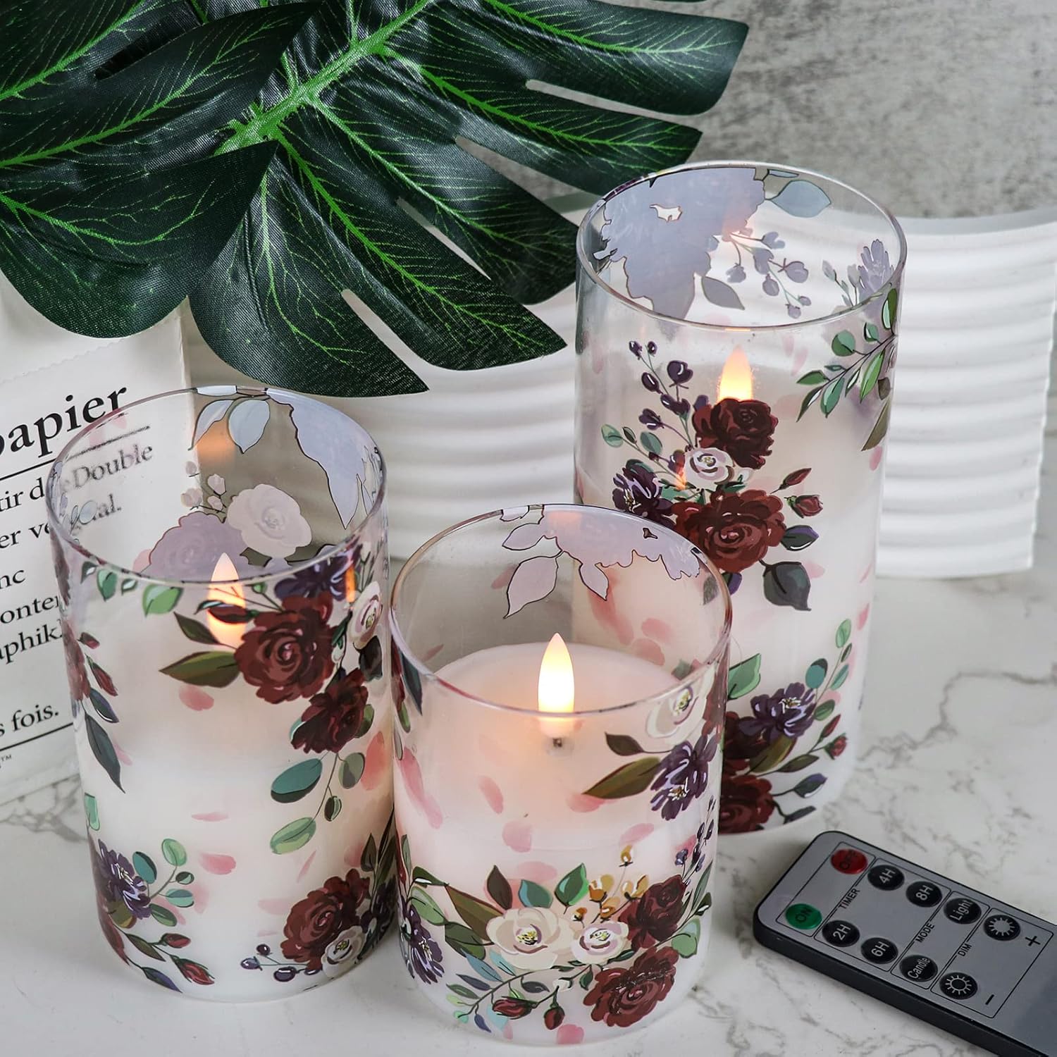 Battery Operated Glass Flameless Candles With Remote And Timer Real Wax 3D Wick Flickering Rose Led Pillar Candles Wedding Dinner Christmas Holiday Decor D3 X H4, 5", 6"