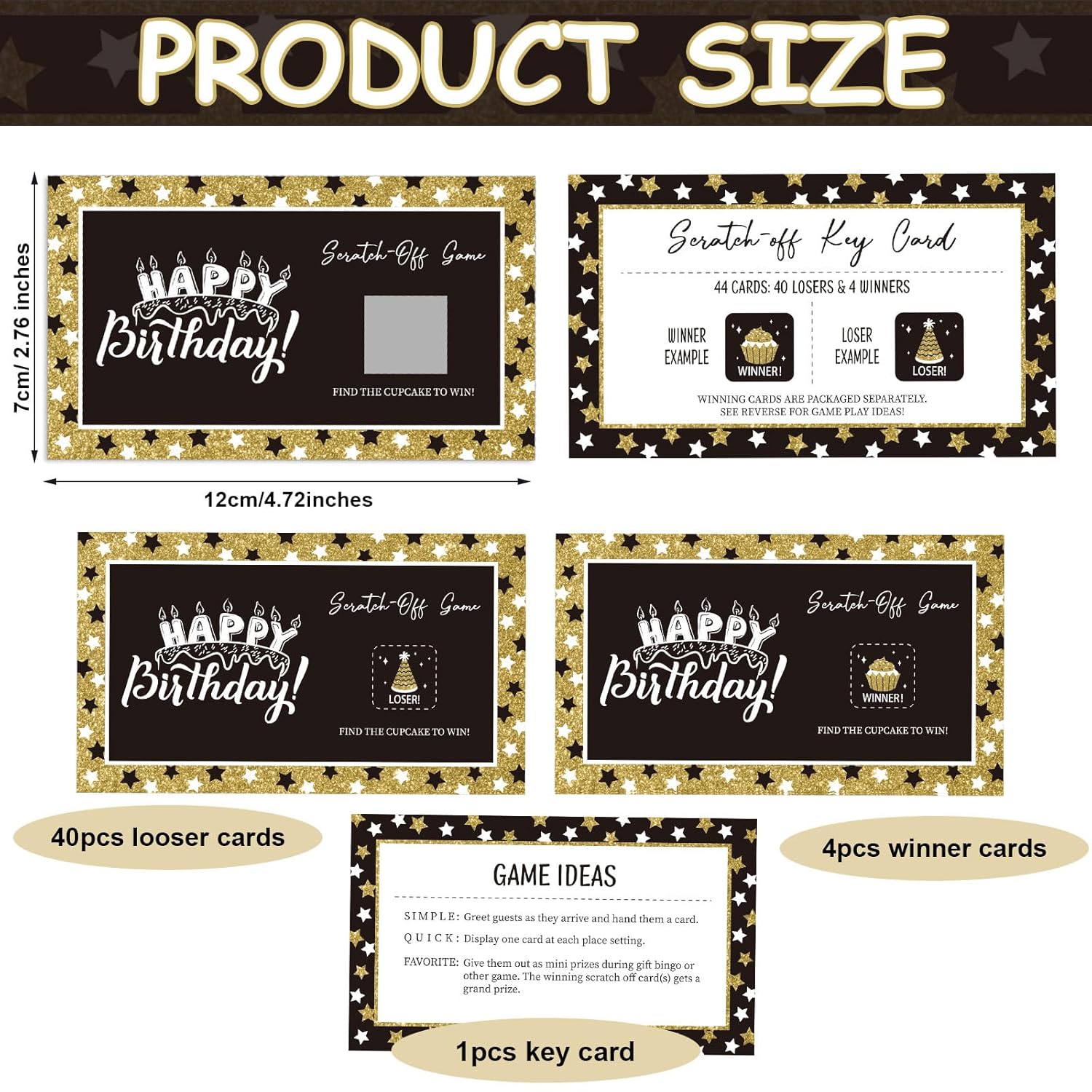 45 Pcs Happy Birthday Party Game Scratch Off Cards Birthday Games Tickets Including 4 Winner 40 Loser 1 Instruction Cards For Adults Birth Party Favors, 4.72 X 2.76 Inches