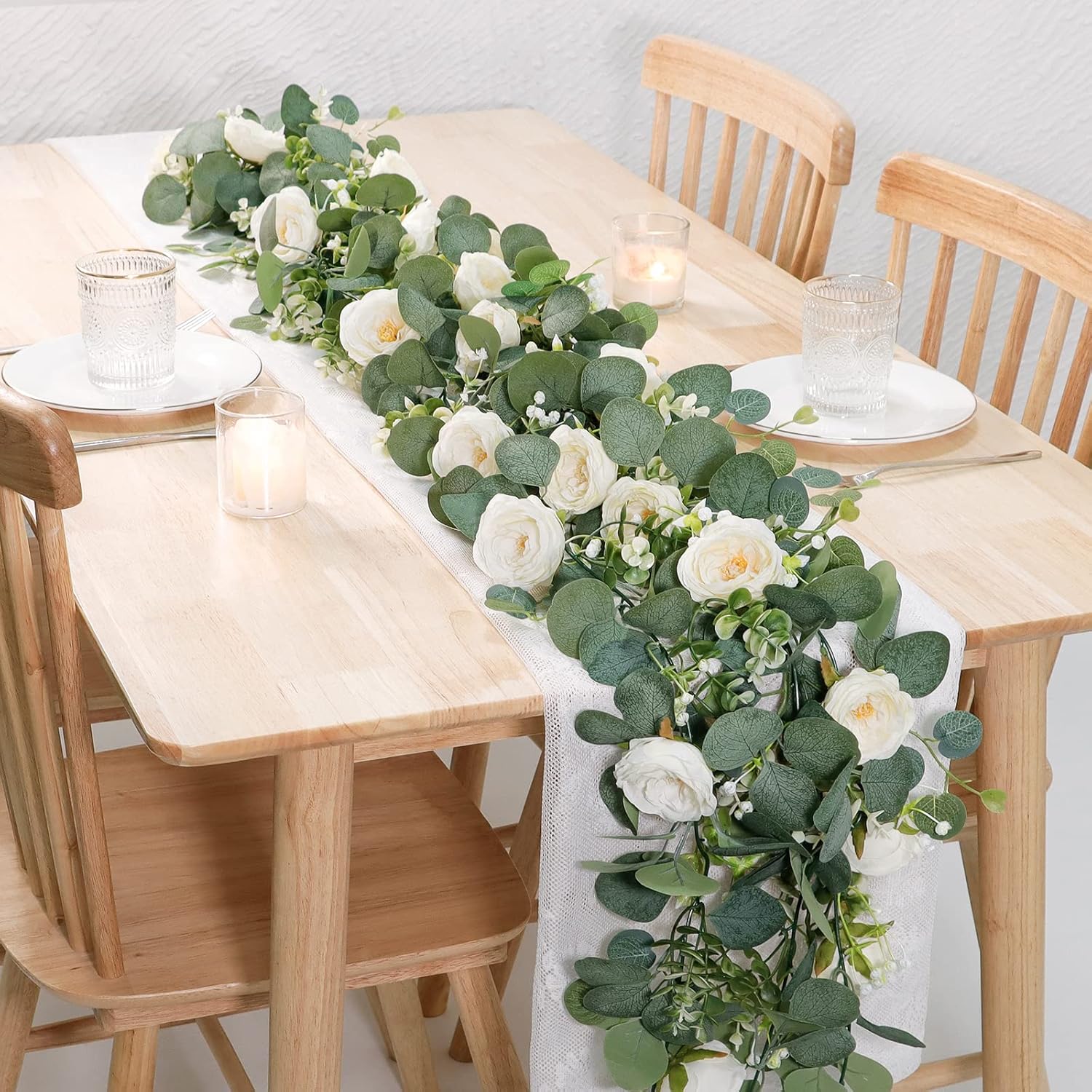 2 Pack 13Ft Artificial Eucalyptus Flower Garland With White Roses, Fake Rose Flower Greenery Garland Floral Vines For Wedding Home Party Table Runner Decor (2Pcs, White)