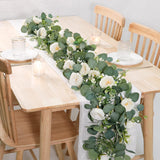 2 Pack 13Ft Artificial Eucalyptus Flower Garland With White Roses, Fake Rose Flower Greenery Garland Floral Vines For Wedding Home Party Table Runner Decor (2Pcs, White)