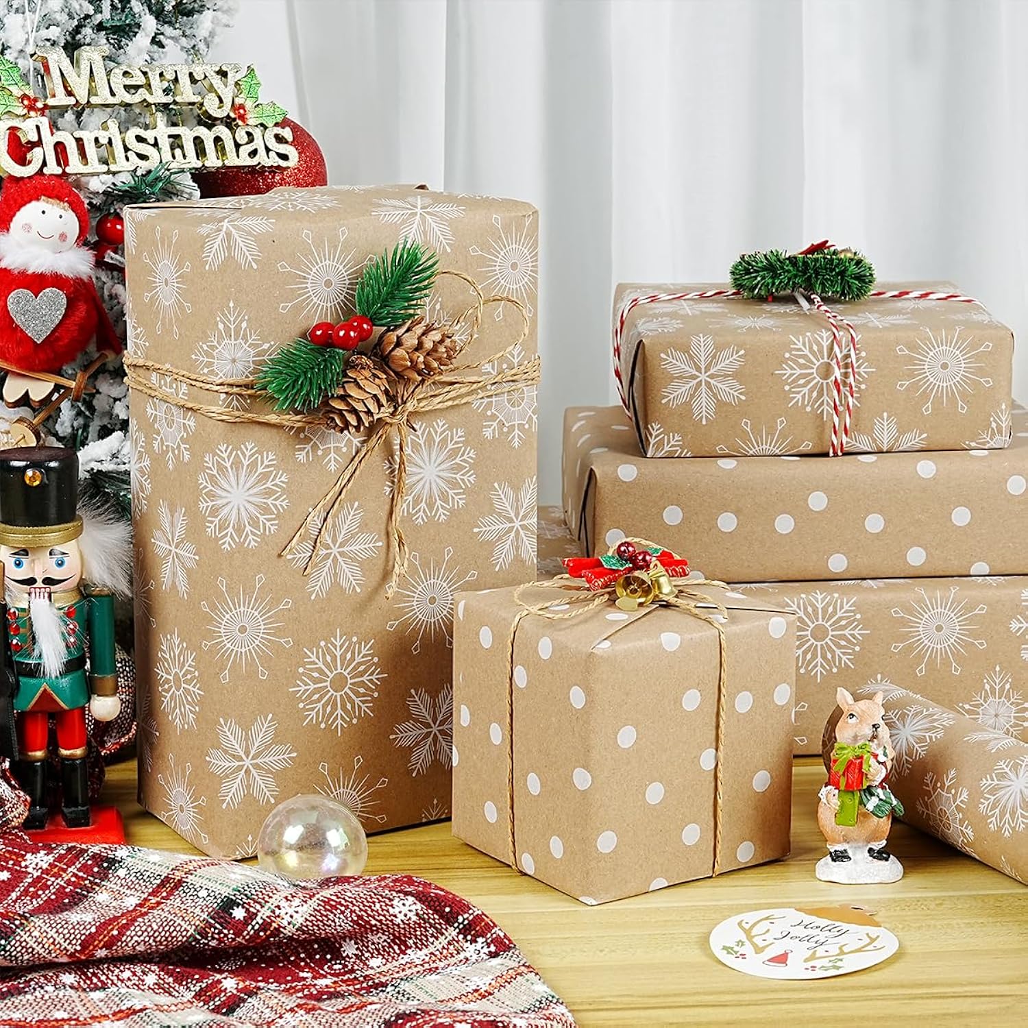 Reversible Christmas Wrapping Paper Roll, Vintage Brown Kraft Gift Wrapping Paper, White Snowflakes Polka Dots Gift Wrap Paper For Christmas Birthday Party Wedding Winter Holiday, 17Inch ×33Feet