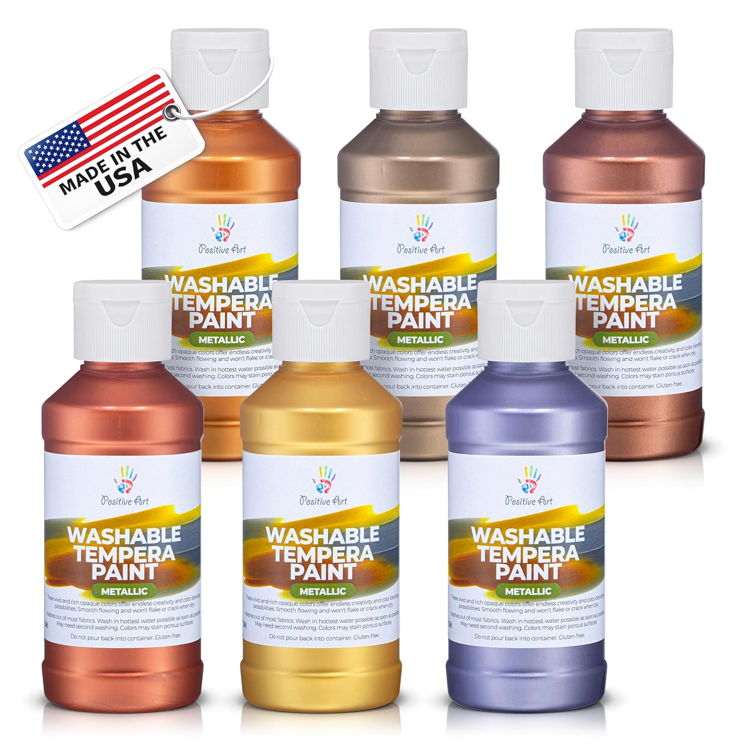 Metallic Washable Tempera Paint – 6 Shimmer Colors, 4 Fl Oz Bottles, Non-Toxic Kid-Safe School & Craft Paint, Easy Cleanup, Classroom Art Supplies, Made In Usa