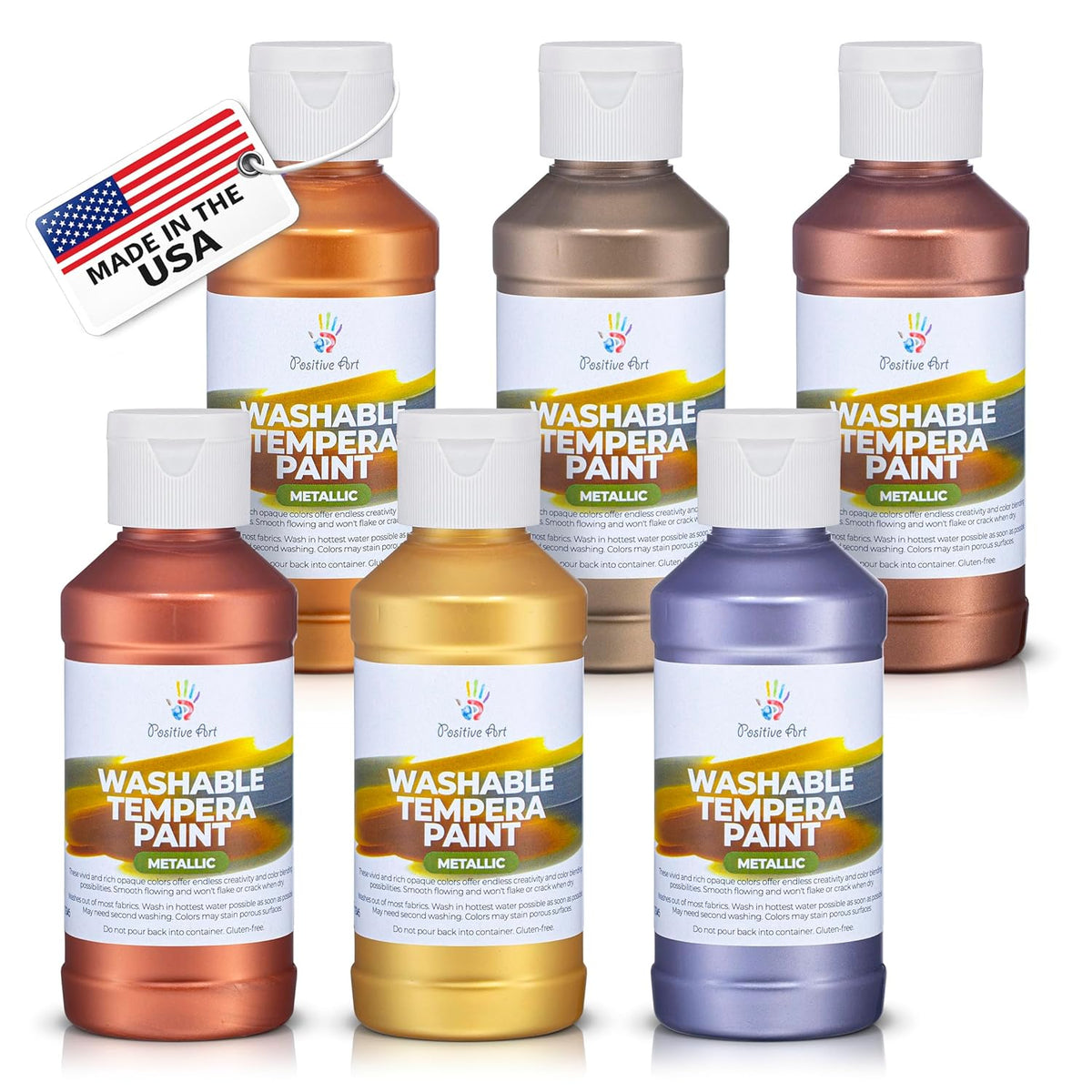 Metallic Washable Tempera Paint – 6 Shimmer Colors, 4 Fl Oz Bottles, Non-Toxic Kid-Safe School & Craft Paint, Easy Cleanup, Classroom Art Supplies, Made In Usa