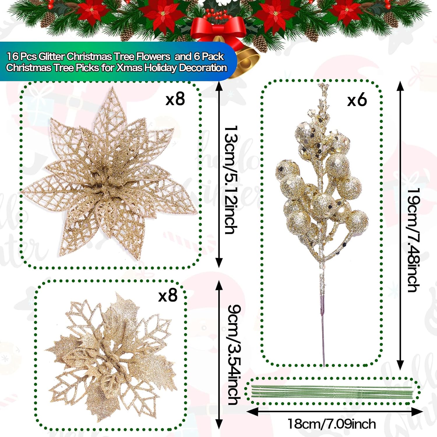 22Pcs Christmas Poinsettia Artificial Flowers And Glitter Berries Stems Kit, 16Pcs Christmas Tree Flowers Ornaments And 6 Pack Christmas Tree Picks For Wedding Holiday Decorations (Champagne)