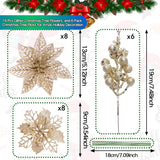 22Pcs Christmas Poinsettia Artificial Flowers And Glitter Berries Stems Kit, 16Pcs Christmas Tree Flowers Ornaments And 6 Pack Christmas Tree Picks For Wedding Holiday Decorations (Champagne)