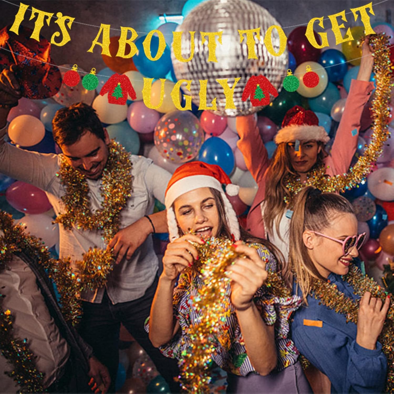 It'S About To Get Ugly Banner, Glittery Red Green Christmas Party Decorations Banners Winter Holiday Garland Photo Props Banner For Party Home Office Decorations