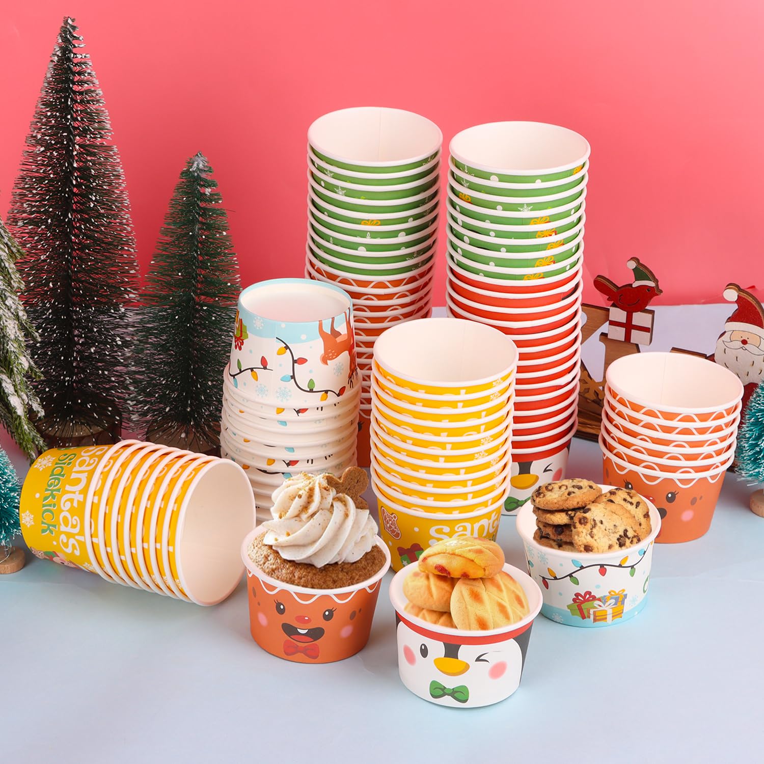 Christmas Treat Snack Cups, 60Pcs Xmas Disposable Ice Cream Paper Cups Merry Christmas Sonwman Santa Elk Bowls Snack Cups For Christmas Party Supplies Decorations(3 Oz)