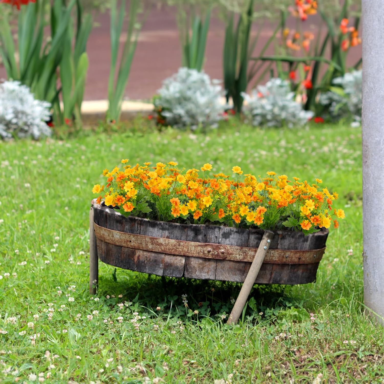 Artificial Daisy 8 Bundles Mums Flowers Outdoor Uv Resistant Plants Fake Silk Flowers No Fade Greenery Shrubs Home Wedding Office Garden Porch Décor(Orange+Yellow)
