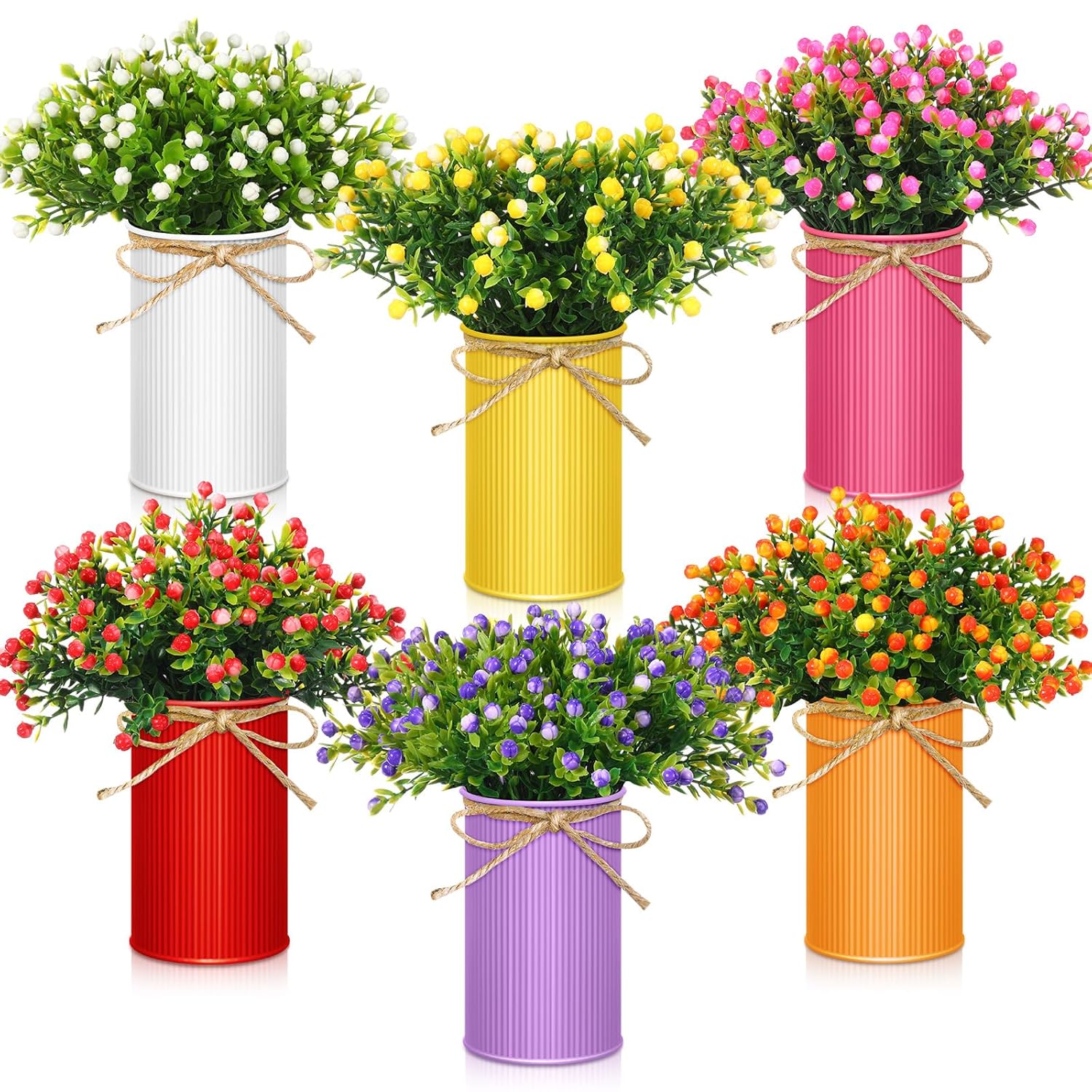 6 Sets Summer Spring Table Centerpieces Decoration Artificial Milan Flower Bouquet With Metal Pot Farmhouse Floral Centerpiece Summer Decoration For Home Dining Room Bathroom Office Party Decor