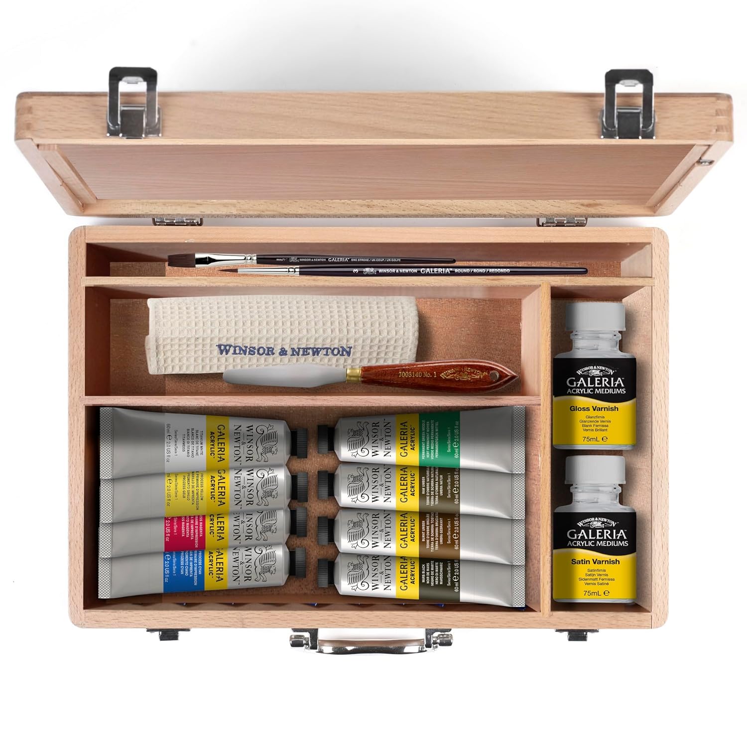 Winsor & Newton Galeria Acrylic Paint, Wooden Set 8 x 60ml Tubes (includes 2 Brushes, 2 Varnishes, Knife, Cloth)