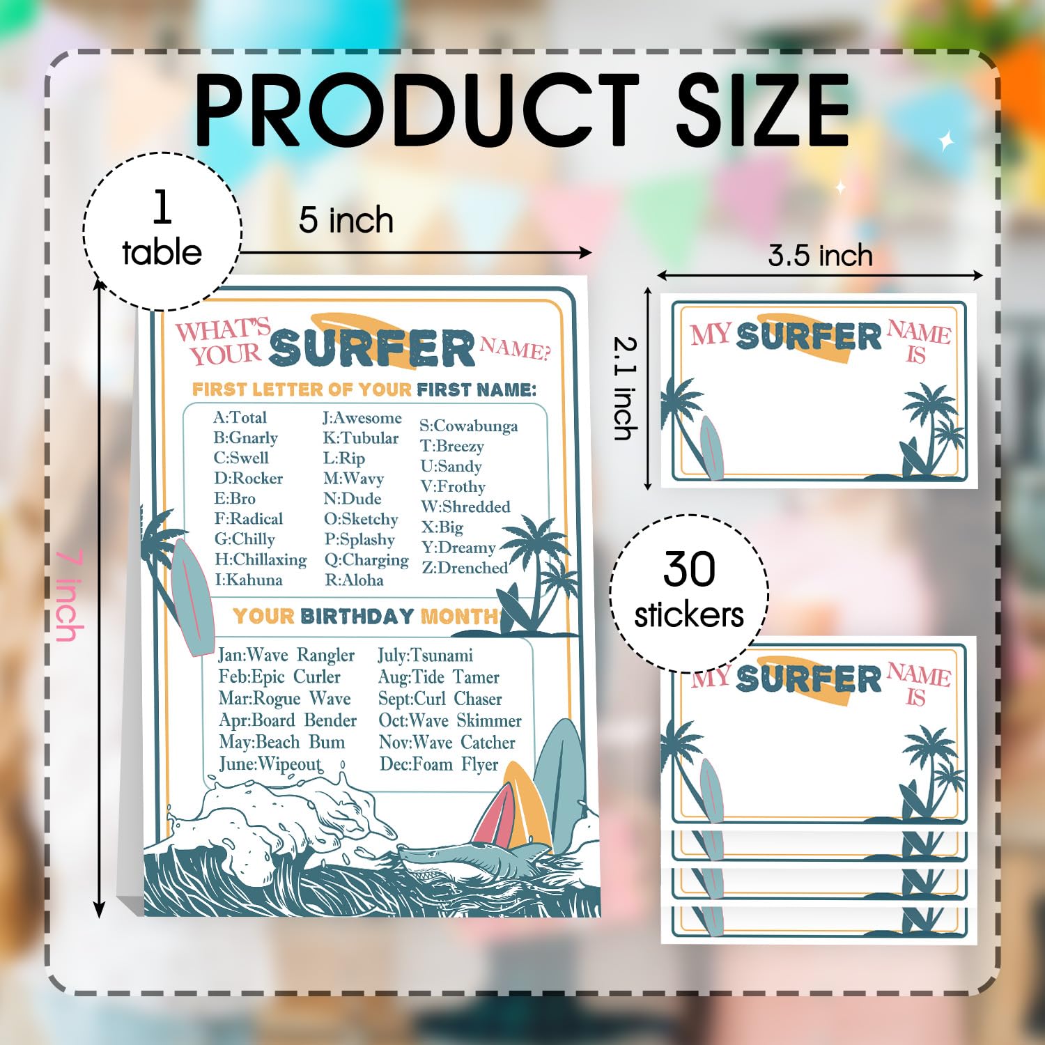 Surfer Birthday Party Decorations, Birthday Games Decorations With 1 Activity Sign For Girls Holiday 30 Cards For Kids Baby Shower Tea Activity Favors