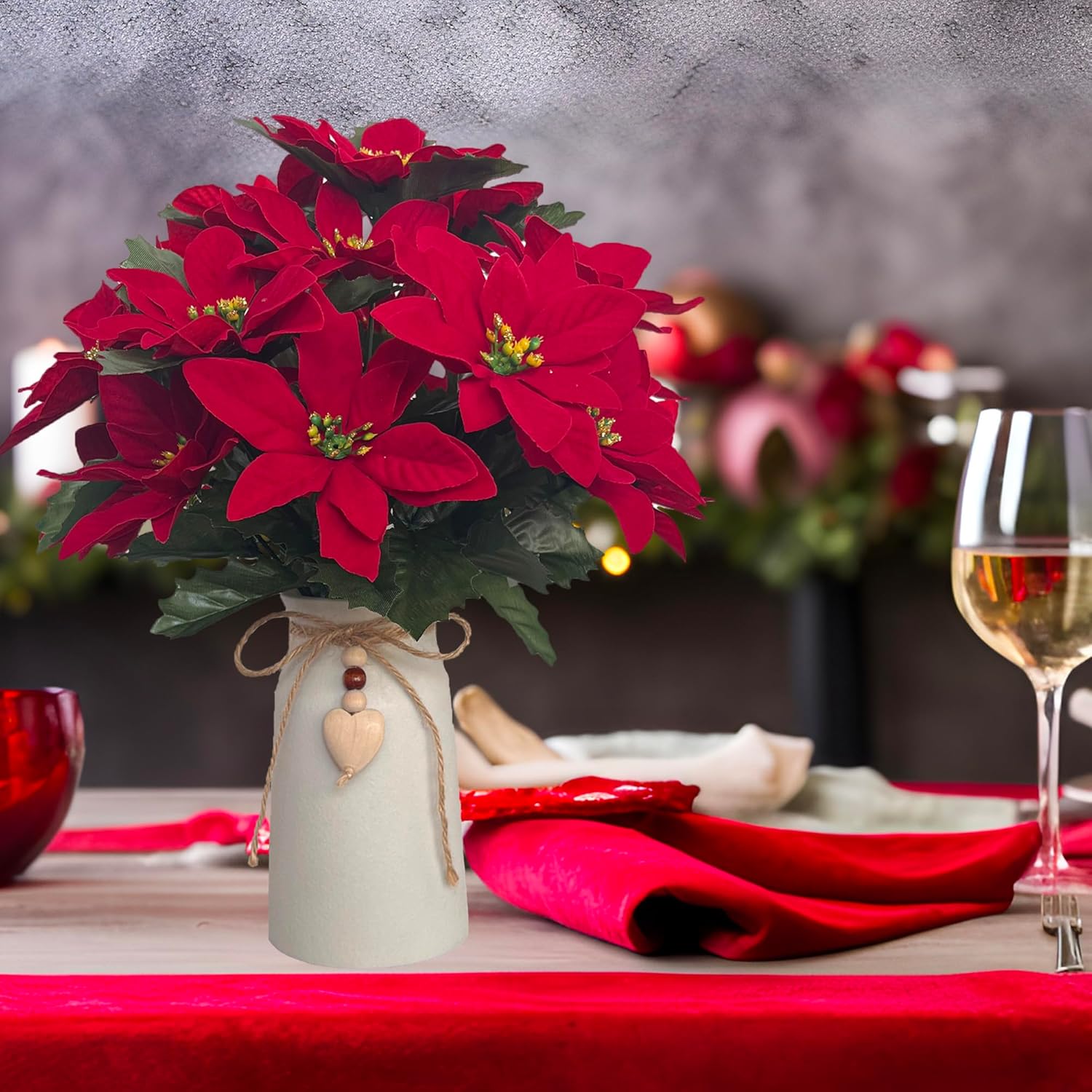 Artificial Red Poinsettia Christmas Flower Arrangement In Decorative White Vase, Holiday Floral Centerpiece With Heart Accent, Perfect Christmas Décor For Home, Office, Or Gifts