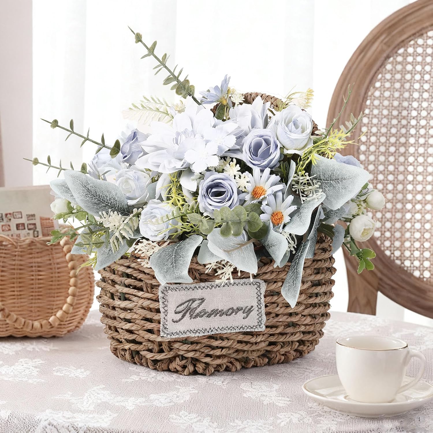 9 Pcs Artificial Flowers Blue Dahlia Bouquet With Eucalyptus Faux Silk Floral Arrangements For Home Decor Wedding Centerpiece Table Vase Farmhouse Decoration