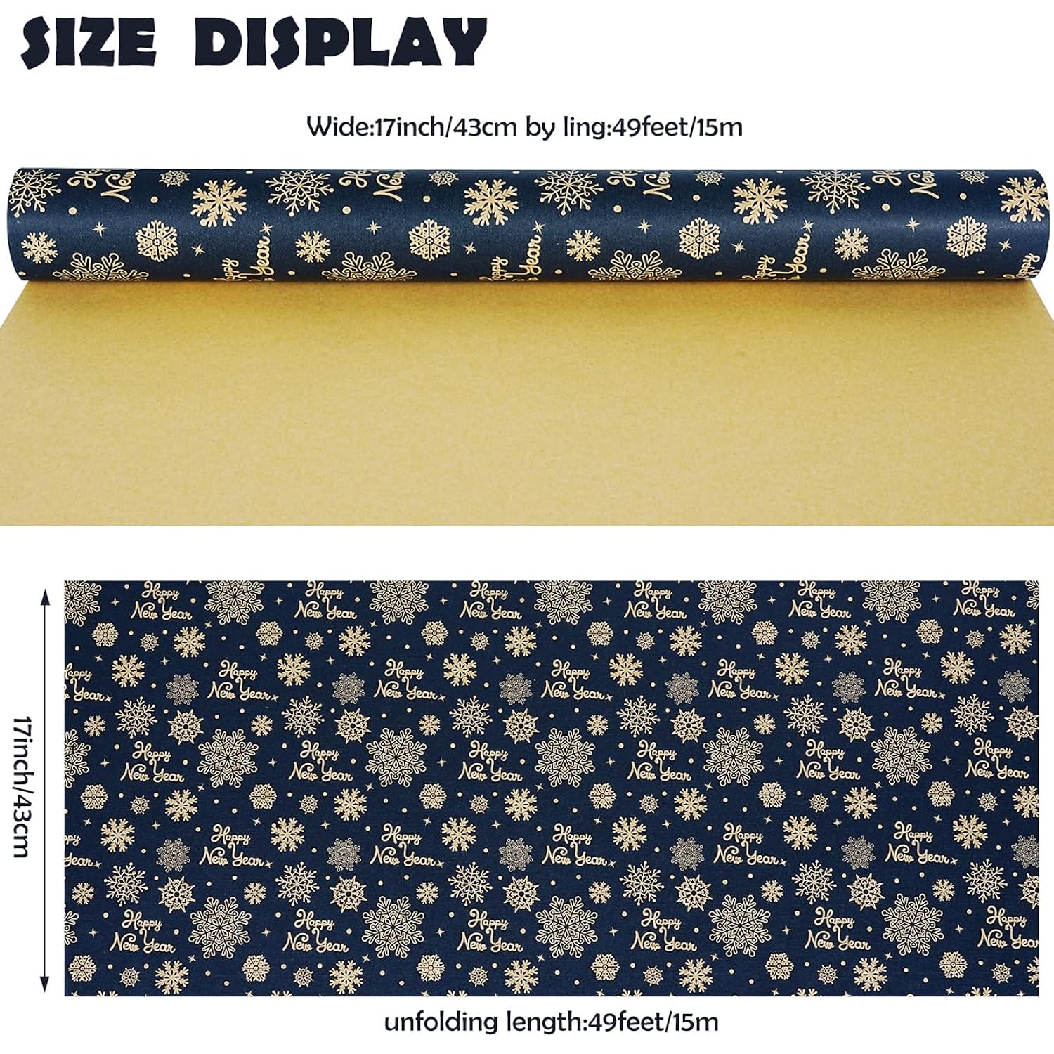 Christmas Wrapping Paper Roll, Navy Blue Kraft Wrapping Paper With Brown Happy New Year And Snowflake Design, Vintage Gift Wrapping Paper Roll For New Year Xmas Winter Holiday, 17 Inch X 33 Feet