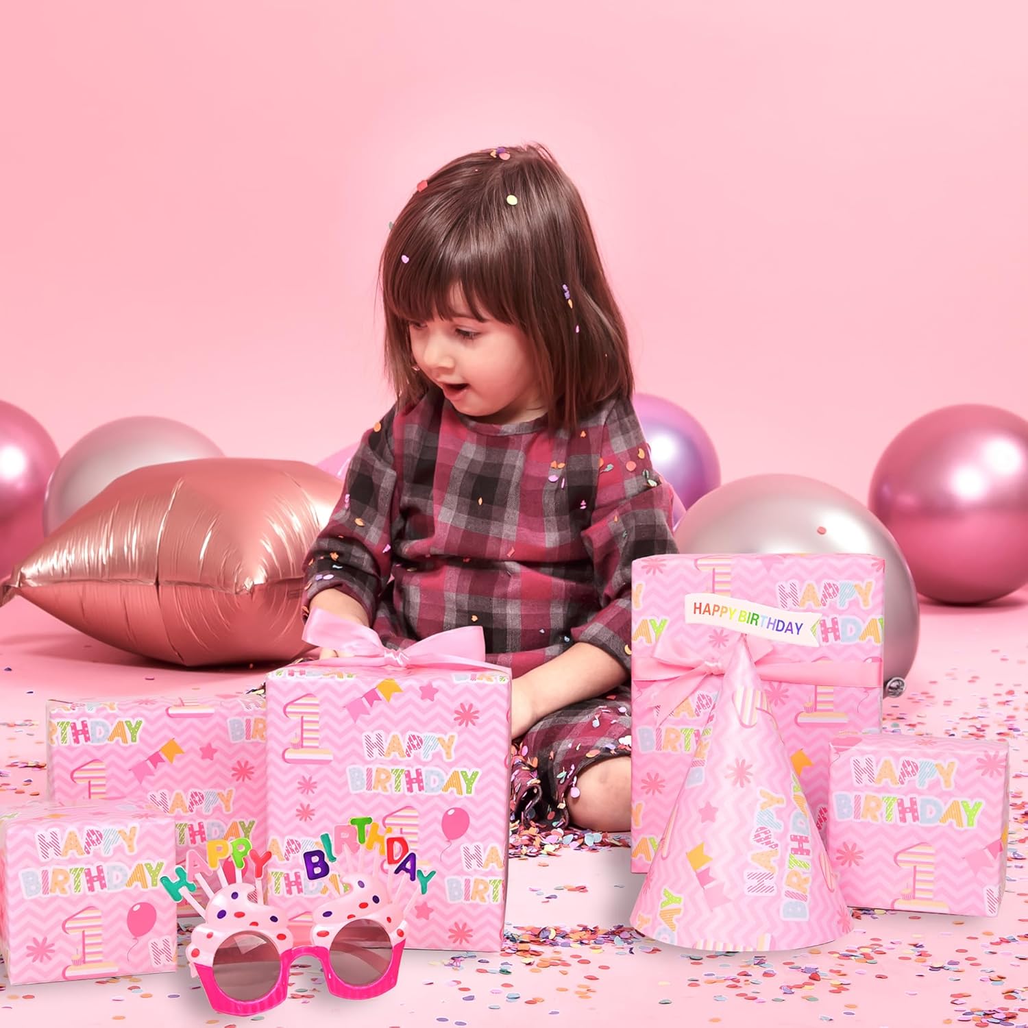 1St Birthday Wrapping Paper Roll - Pink Happy Birthday With Balloon Gift Wrap Sheets For Kids Girls Baby Shower Party Decoration Celebration Total 28.5Sq.Ft