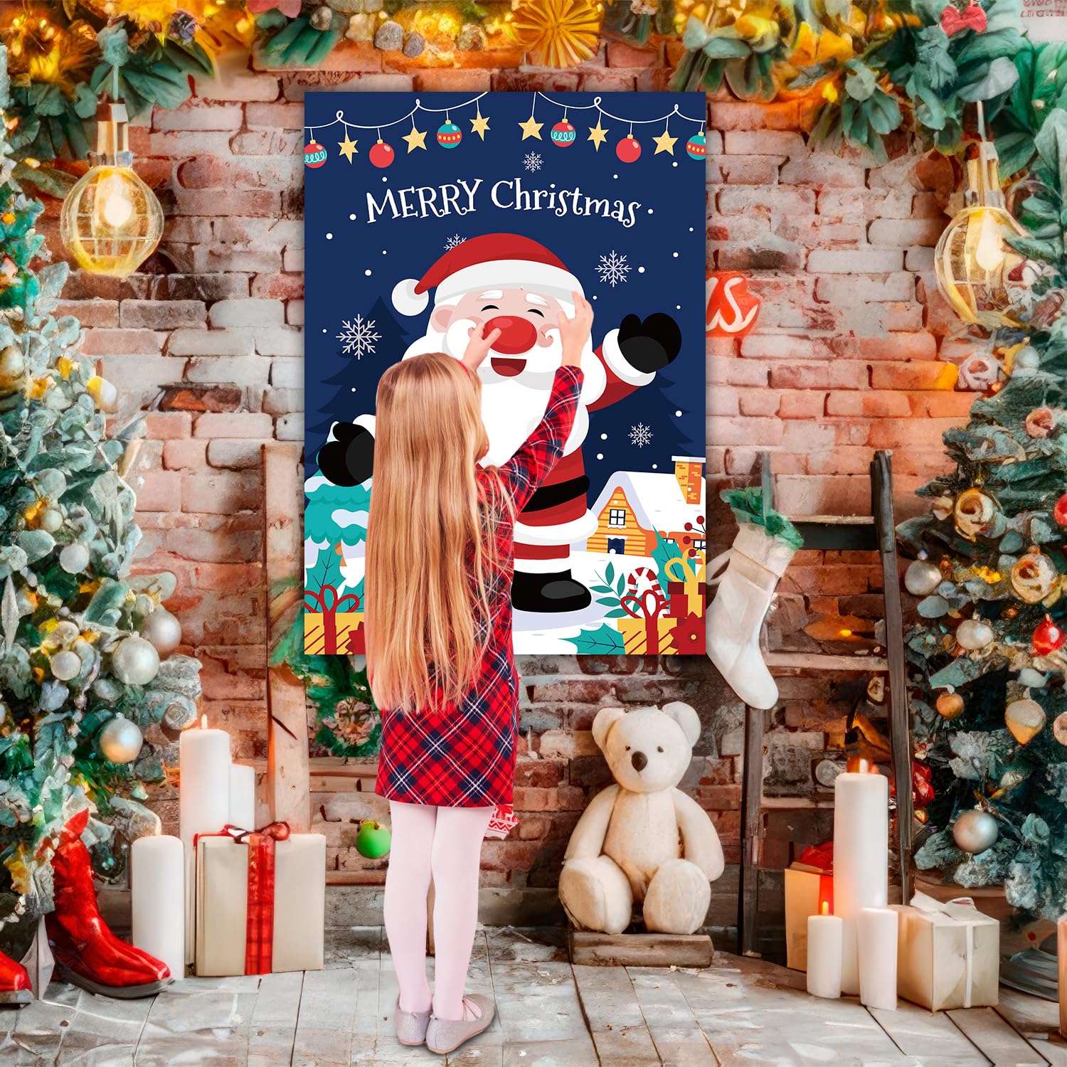 Pin The Nose On The Santa Claus, Christmas Party Supplies With Banner Poster Blindfold 24 Pcs Red Nose Stickers 2 Pcs Blindfold For Christmas Decorations