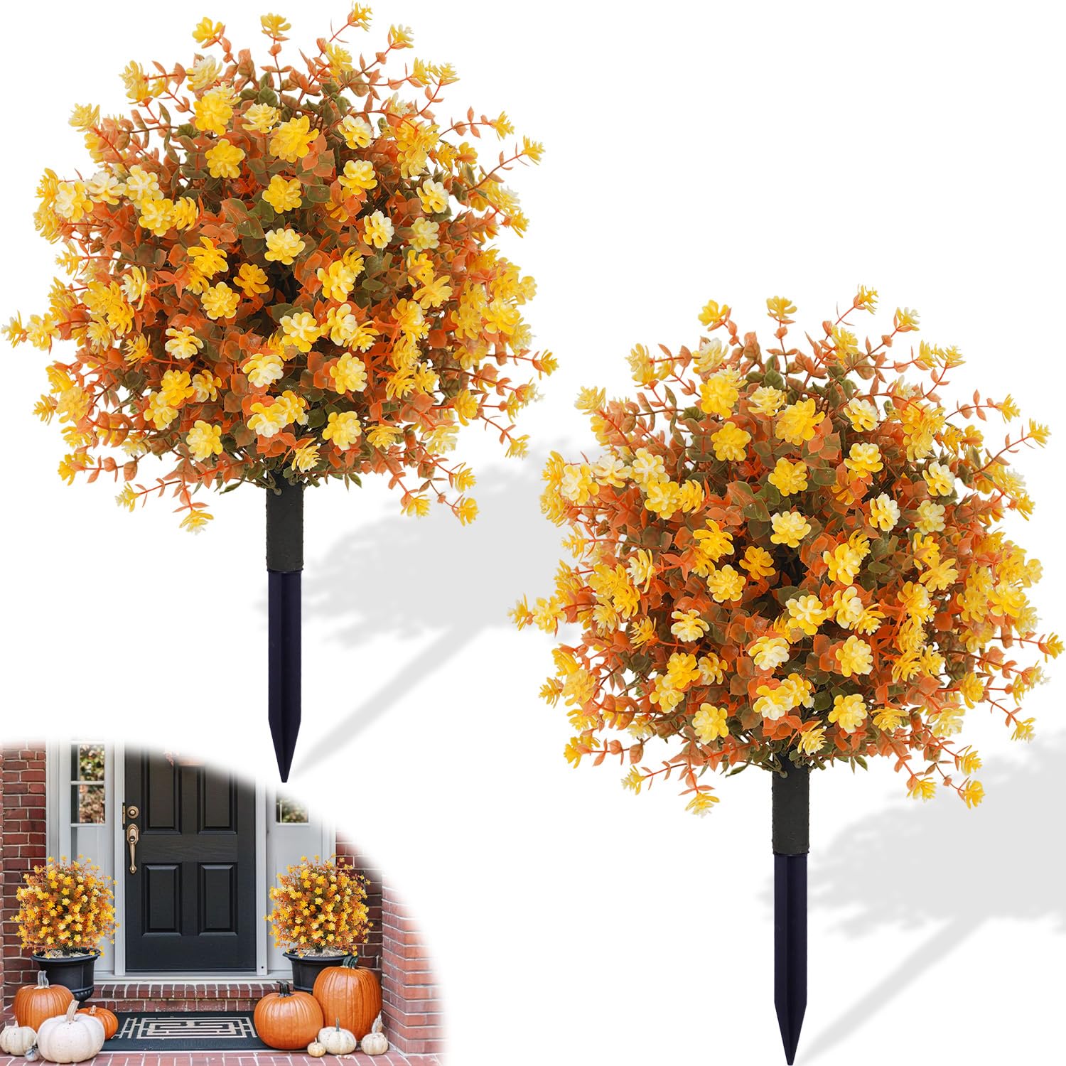 Fall Orange Artificial Flowers With Ground Stakes - 2 Pack 21 Inch Uv Resistant Artificial Plants For Garden, Patio Or Porch Thanksgiving Decorations
