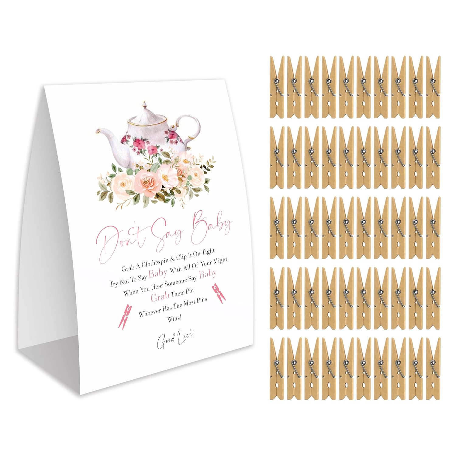 Don'T Say Baby Game For Baby Shower, 50 Wooden Clothespins And One Sign, Tea Party, Pins For Baby Shower Decorations, Gender Reveal Games, Baby Shower Supplies-Bb25