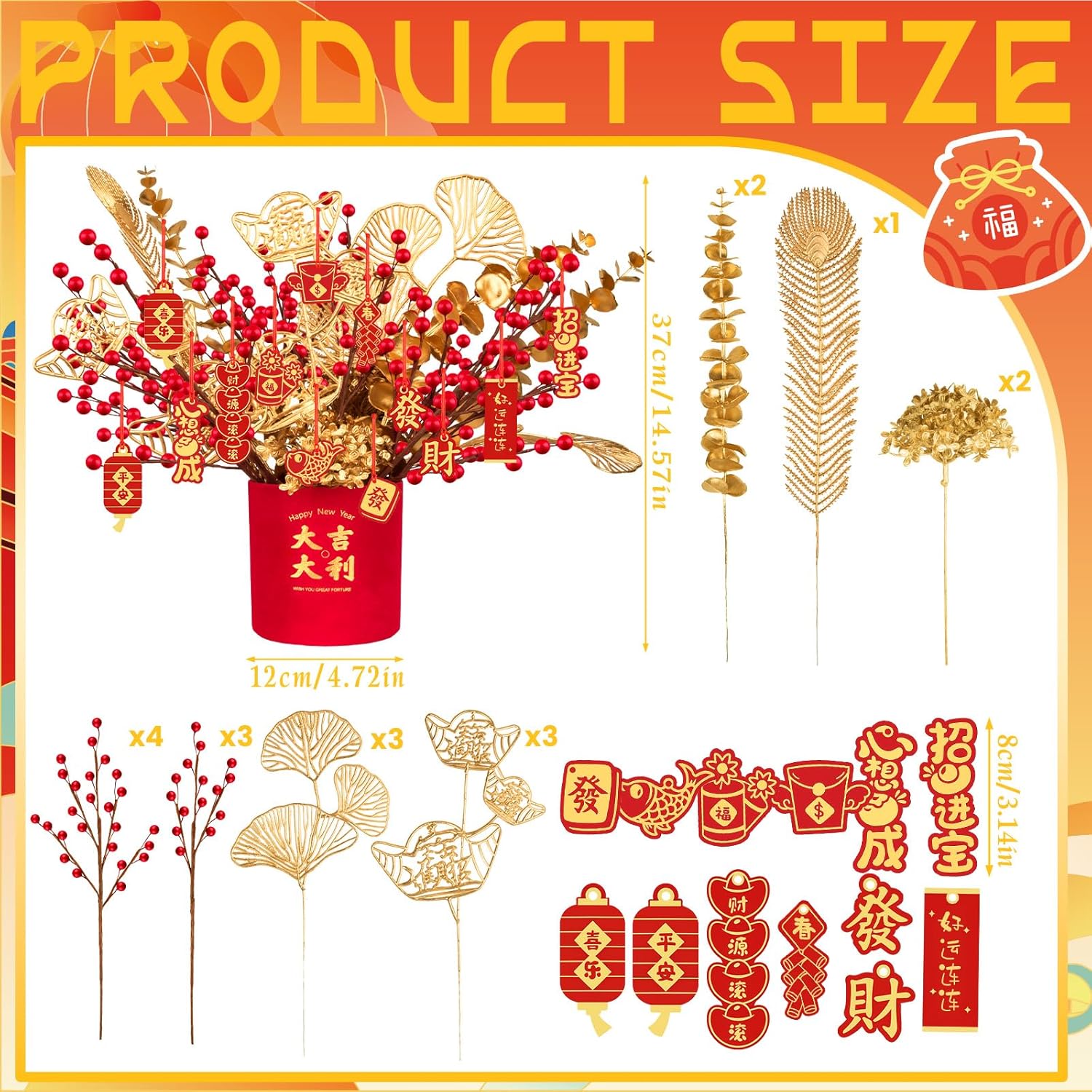Chinese New Year Artificial Potted Plant Luck Bucket Red Fruit And Gold Leaves Artificial Potted Flower Spring Festival Flower Blessing Bucket For Indoor Home Office Shelf Tabletop Decor