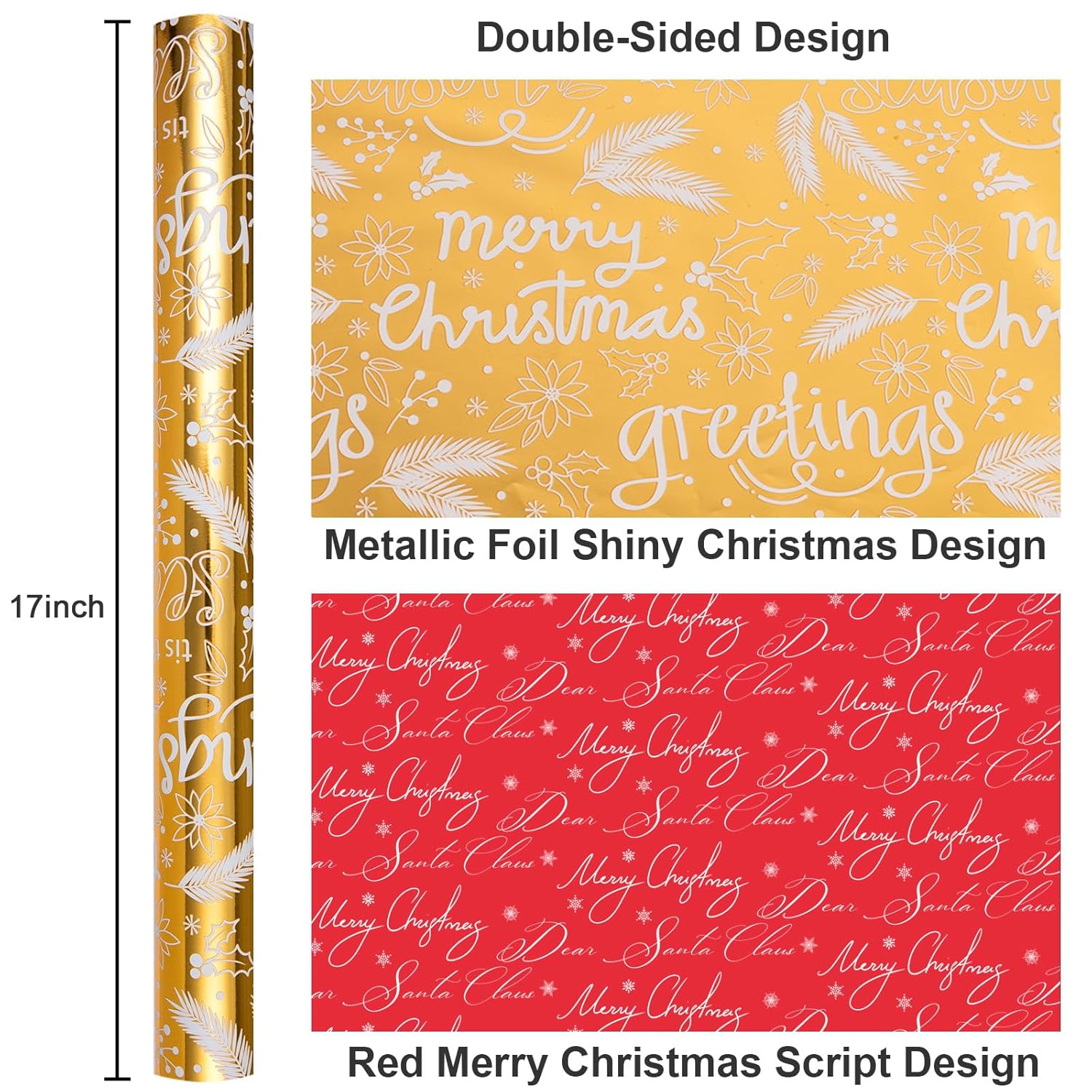 Reversible Christmas Wrapping Paper Roll, Gold Wrapping Paper, Metallic Foil Shiny Modern Script, Holly, Merry Christmas Gift Wrap For Holiday, Party, Winter Celebrations (17 Inch X 33 Feet)
