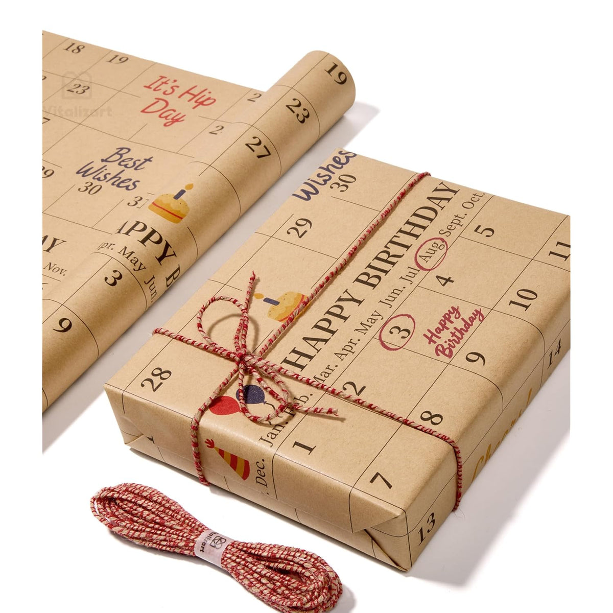 Write-On Calendar Birthday Wrapping Paper Set 17" With 5-Yard Twine Recyclable Customizable Gift Wrap For Birthday Party Baby Shower Handmade Crafts