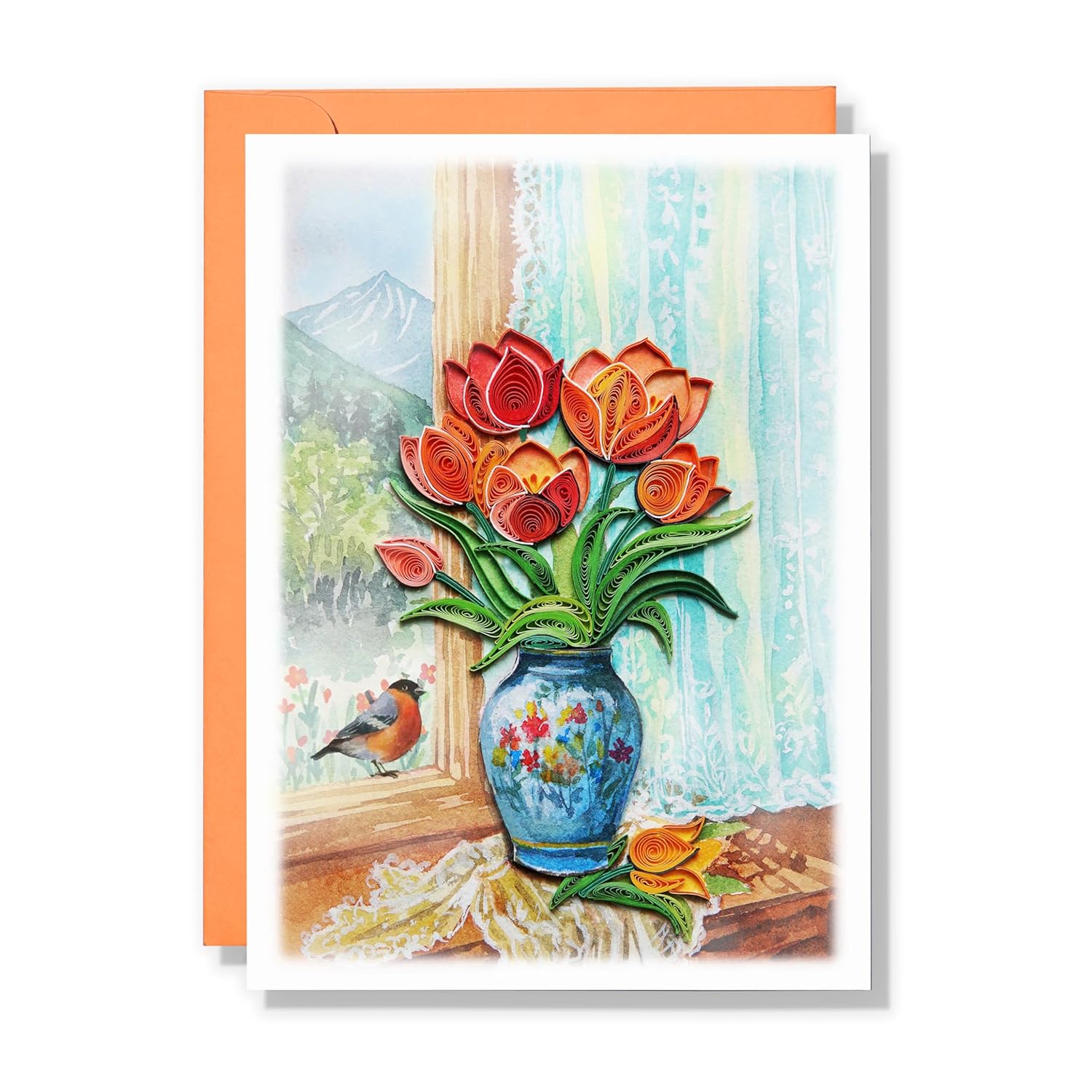 Mother Day Card, Tulip Quilling Card For Birthday, Anniversary, Watercolor Classy Cards For Mom, Women, Wife, Daughter (Tulip With American Robin)