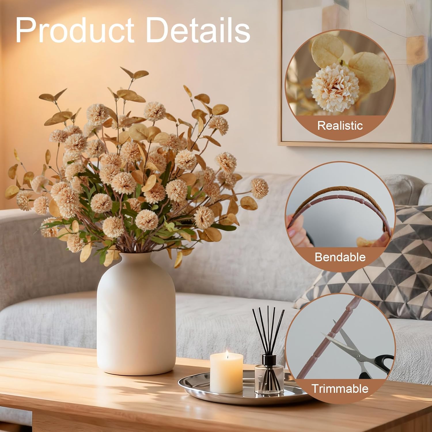 Flowers Artificial For Decoration,12Pc Silk Fake Mums + Eucalyptus Stems Adjustable Artificial Flowers Indoor Faux Dried Flowers For Vase Fillers Floral Arrangements Flower Centerpieces For Tables.