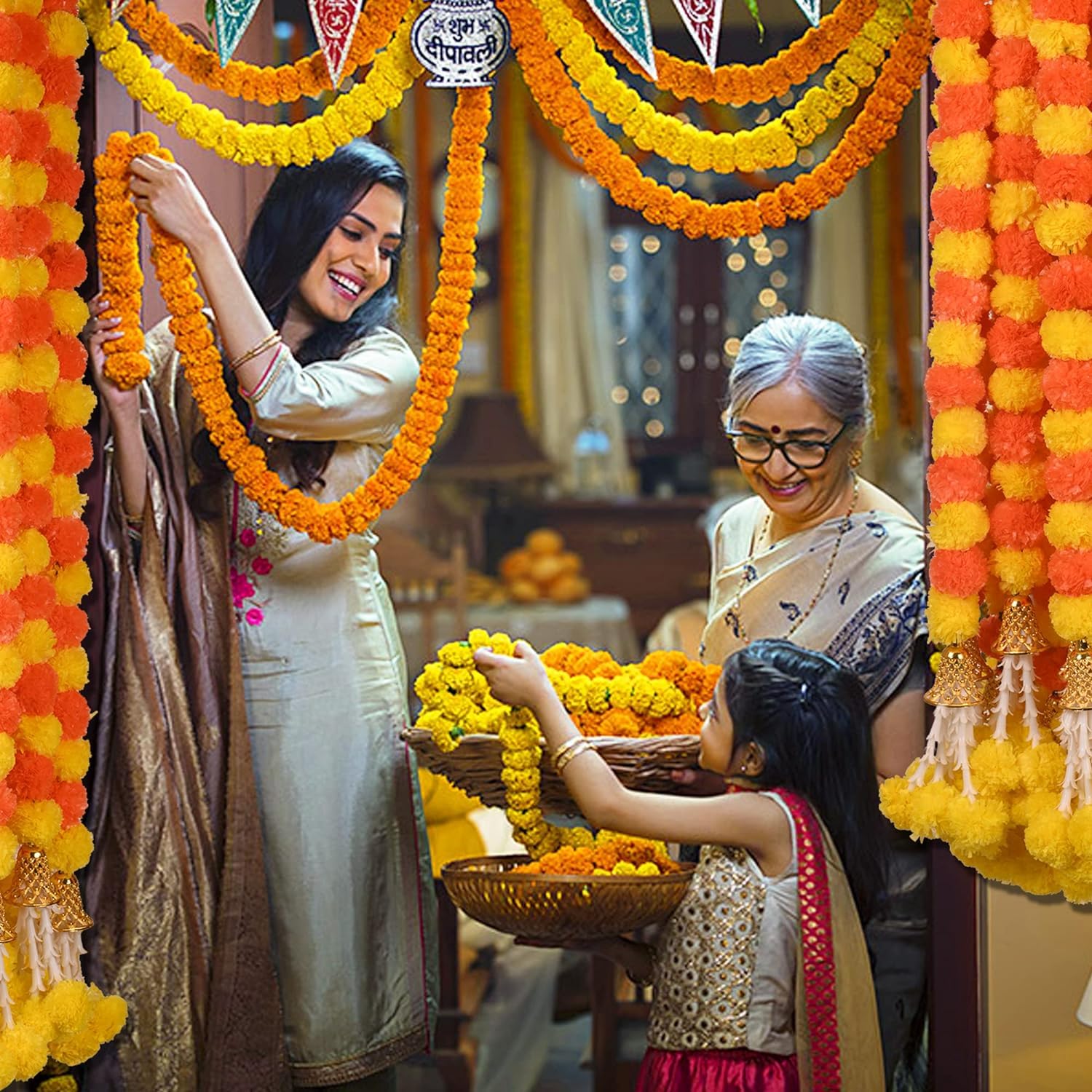 10 Pc - 5 Feet Marigold Garland |Indian/American Wedding Party Mantle Decoration, Faux Garlands Wedding Garland, Diwali Decoration, Spring Bush Floral! (Yellow & Dark Orange)