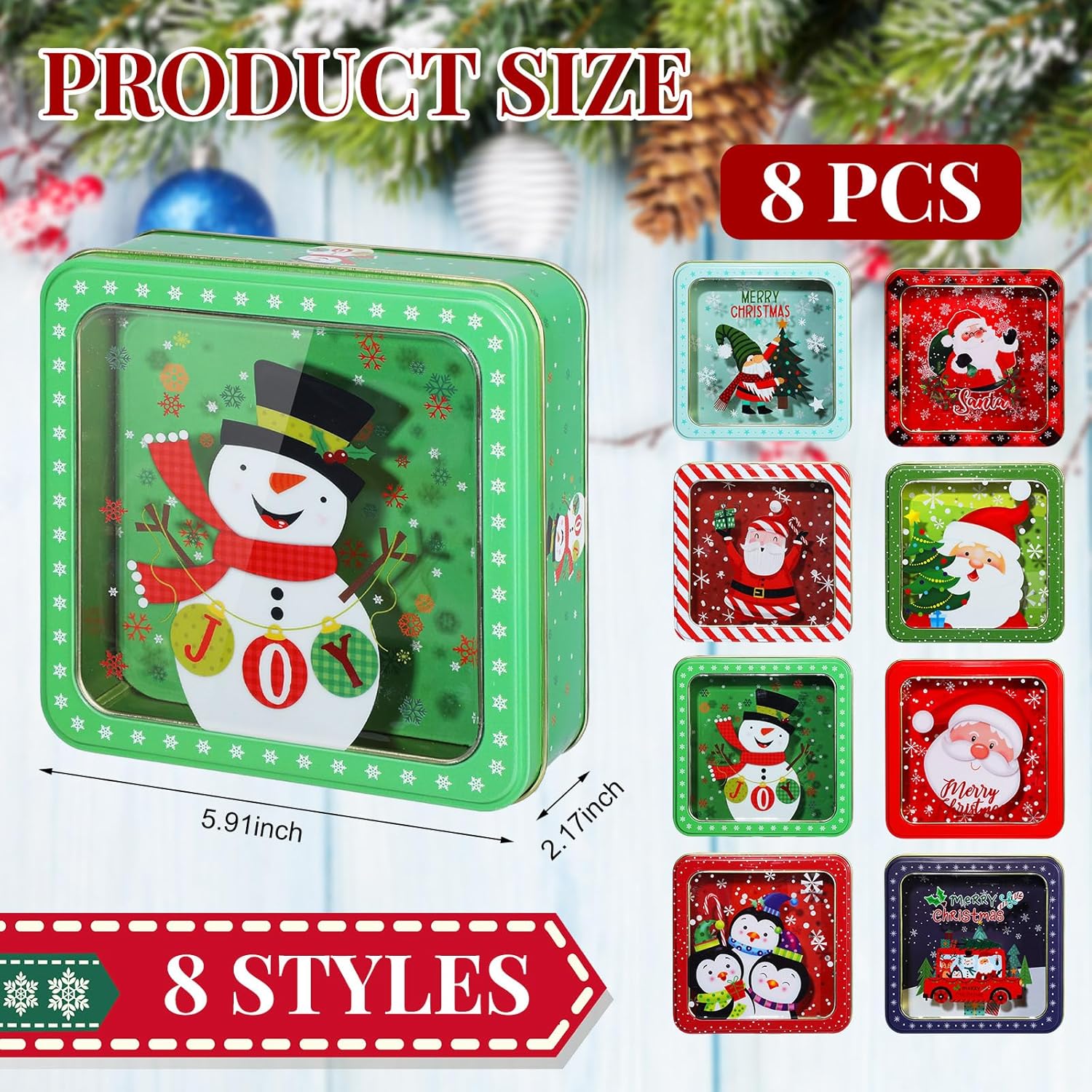 8 Pcs Christmas Cookie Tins With Lids Large Cookie Boxes Metal Empty Tins Santa Tinplate Xmas Gift Box For Christmas Holiday Candies Treats Storage Container(Classic)
